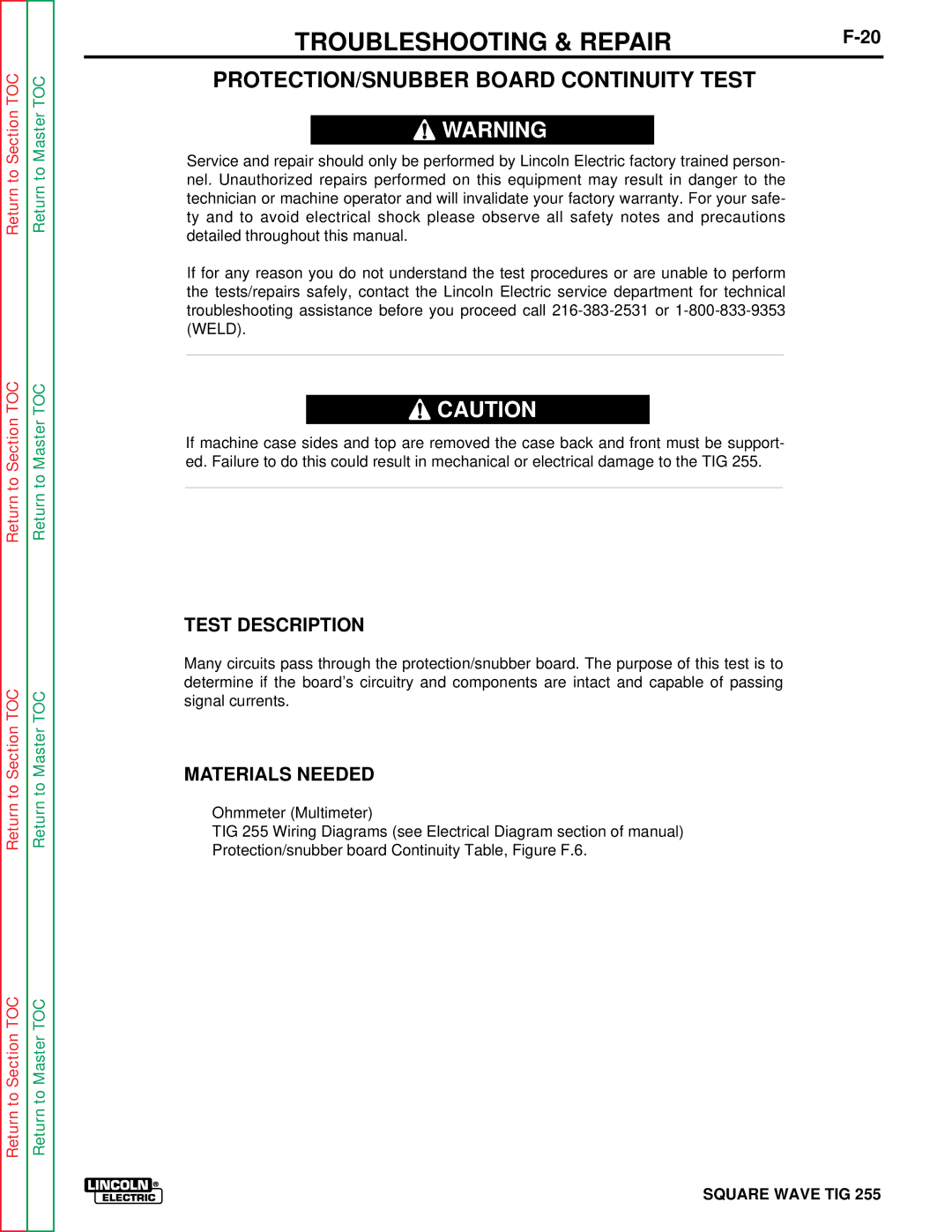 Lincoln Electric SVM100-A service manual PROTECTION/SNUBBER Board Continuity Test, Test Description 