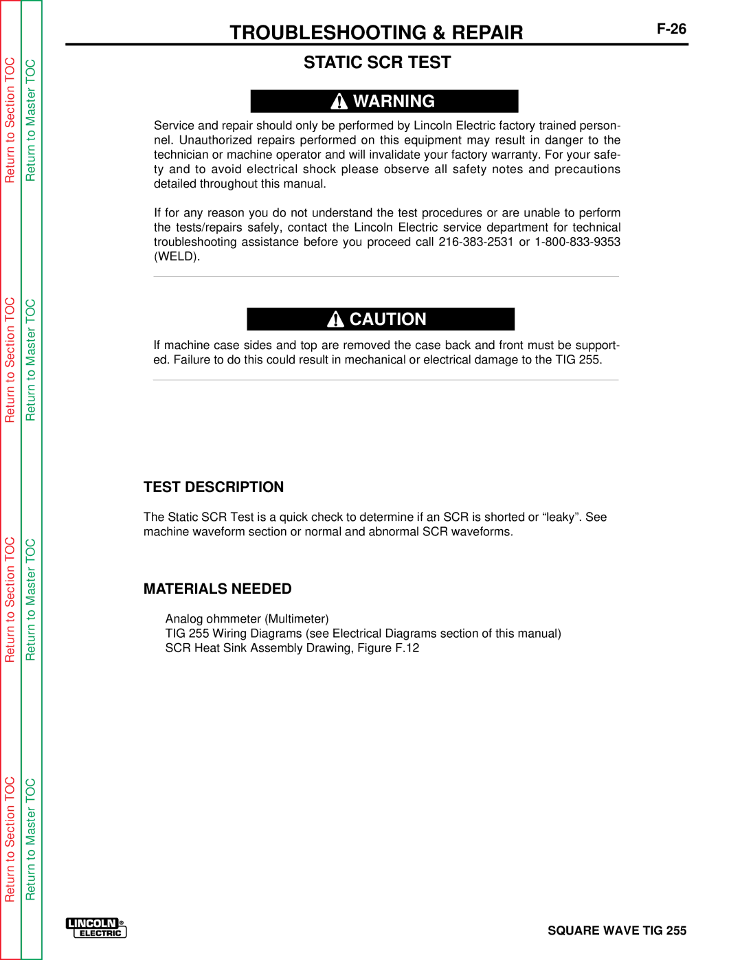 Lincoln Electric SVM100-A service manual Static SCR Test, Test Description 