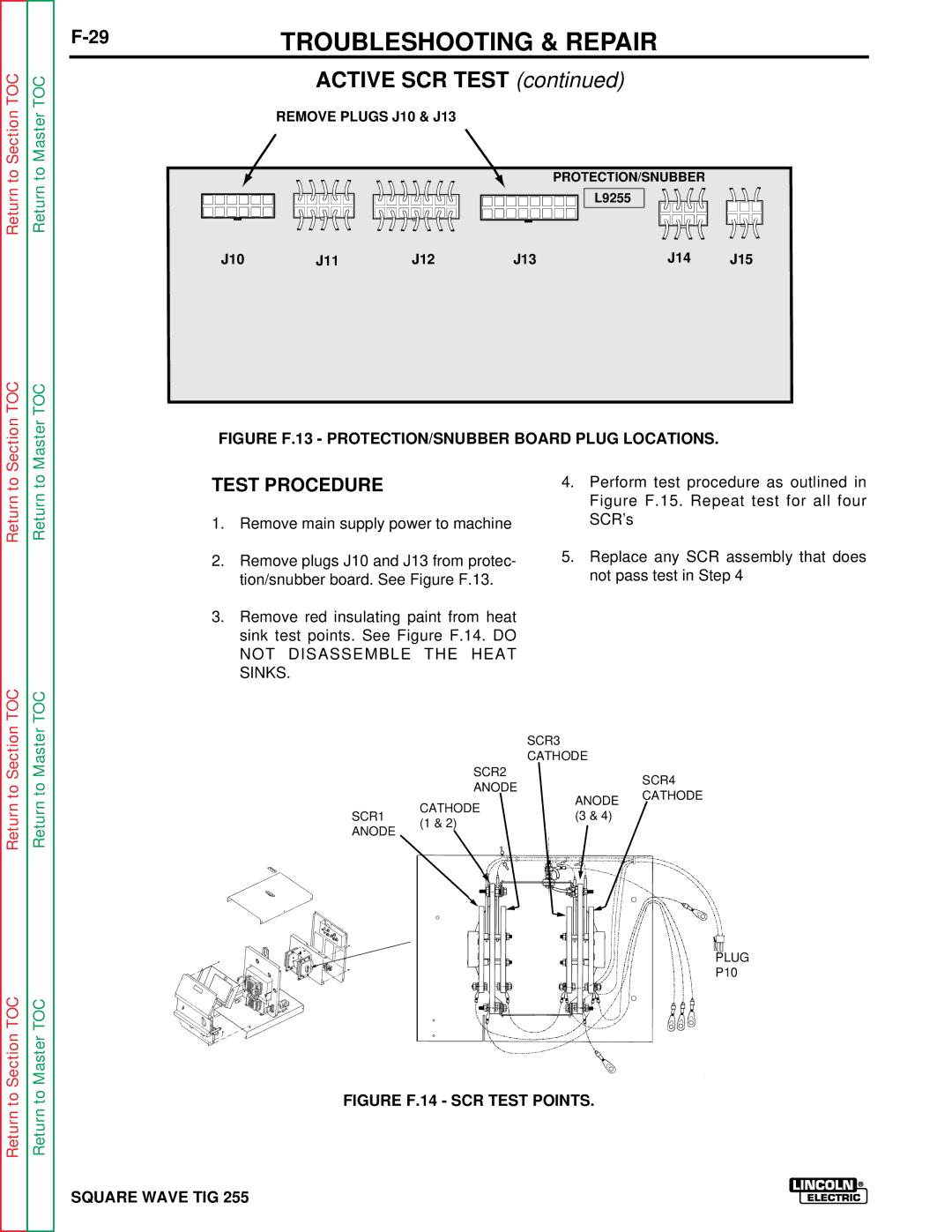 Lincoln Electric SVM100-A service manual Active SCR Test, Figure F.13 PROTECTION/SNUBBER Board Plug Locations 