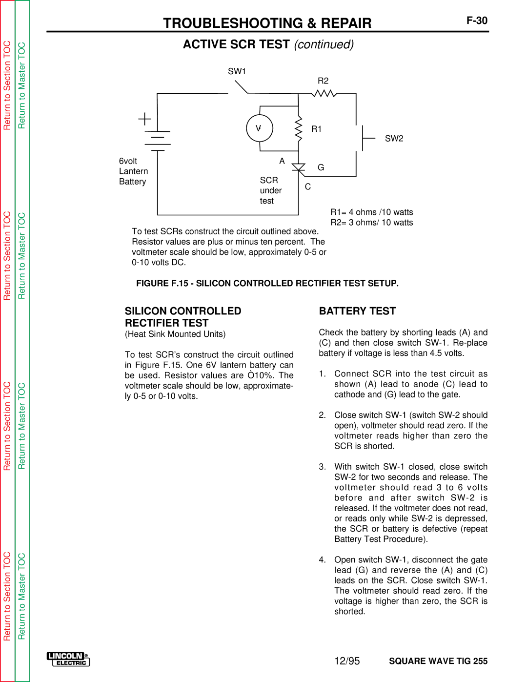 Lincoln Electric SVM100-A service manual Silicon Controlled Rectifier Test, Battery Test 