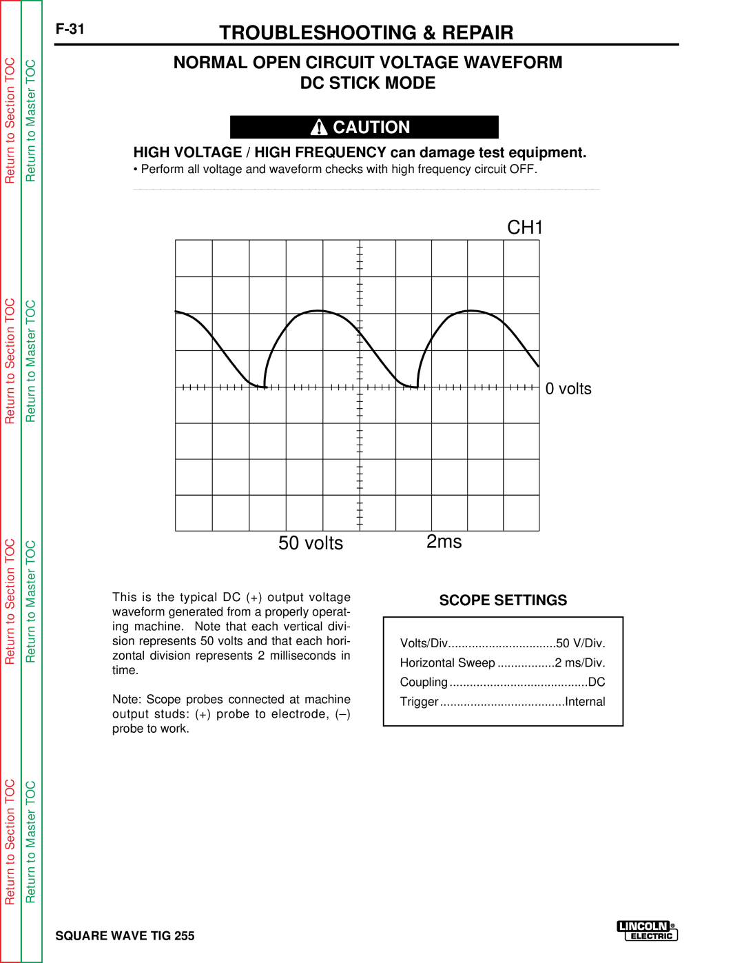 Lincoln Electric SVM100-A service manual Normal Open Circuit Voltage Waveform DC Stick Mode, Scope Settings 