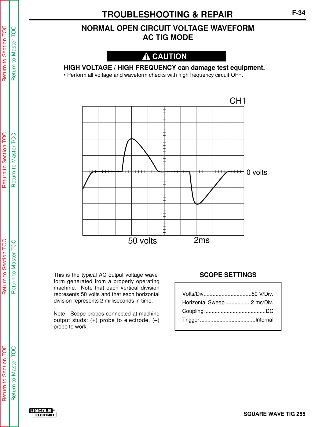 Lincoln Electric SVM100-A service manual Normal Open Circuit Voltage Waveform AC TIG Mode 