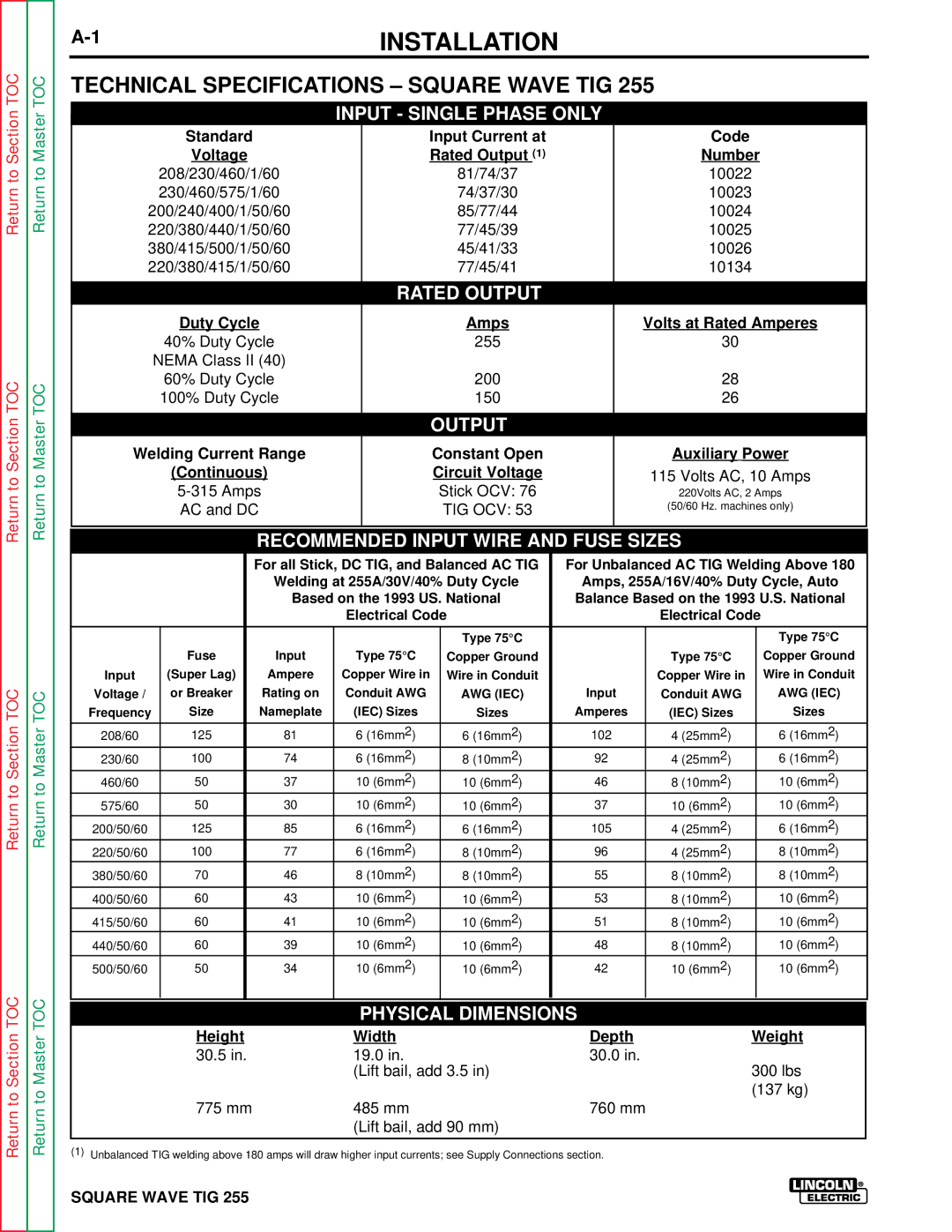 Lincoln Electric SVM100-A service manual Installation, Technical Specifications Square Wave TIG 