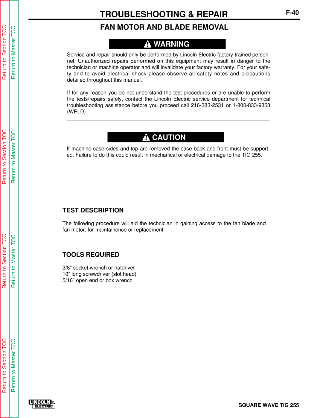 Lincoln Electric SVM100-A service manual FAN Motor and Blade Removal, Tools Required 