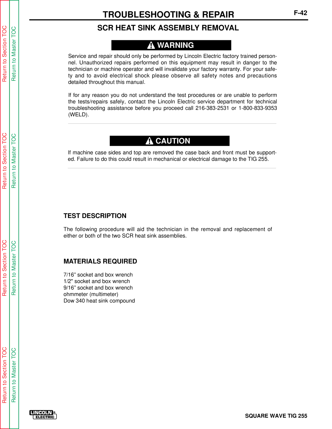 Lincoln Electric SVM100-A service manual SCR Heat Sink Assembly Removal, Materials Required 