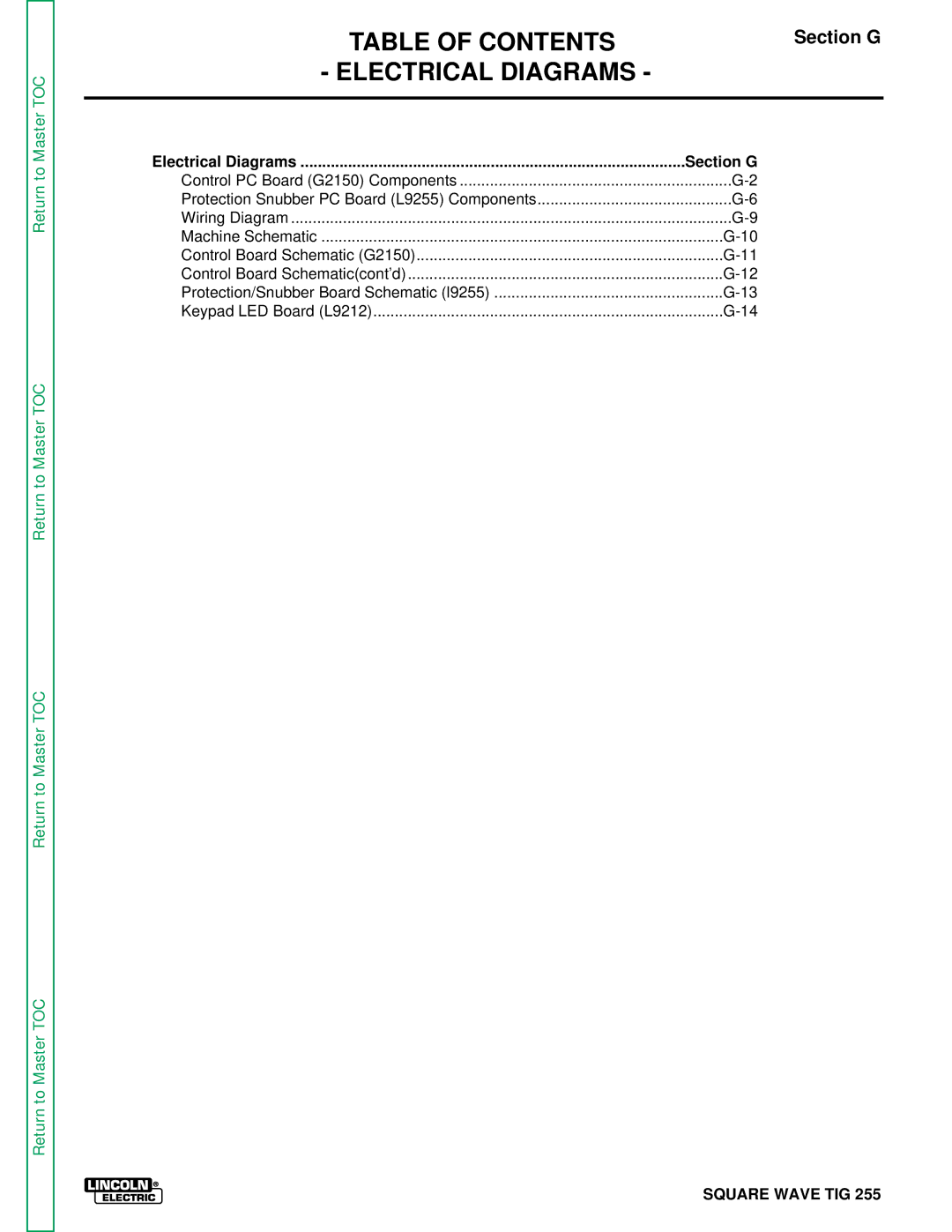 Lincoln Electric SVM100-A service manual Table of Contents, Electrical Diagrams 