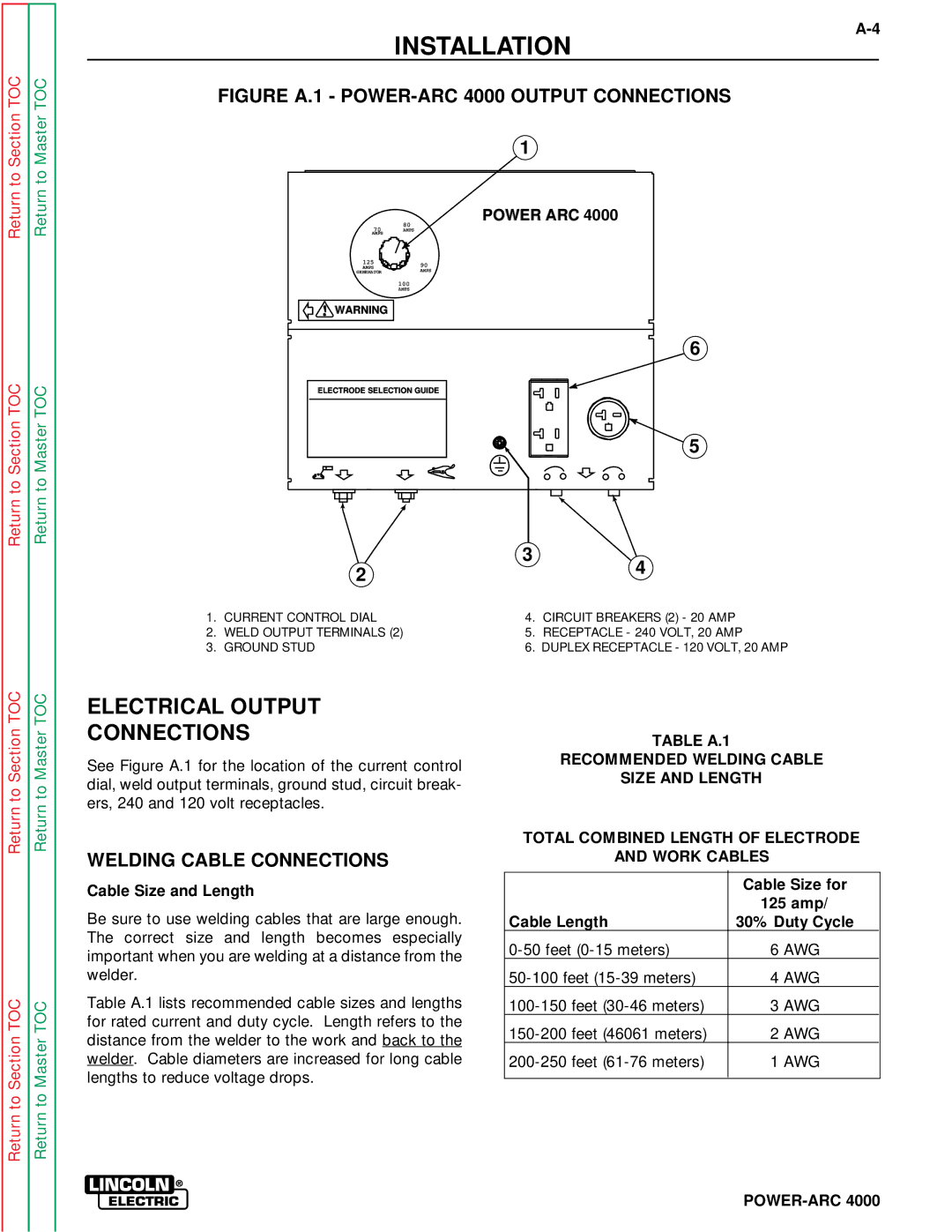 Lincoln Electric SVM103-A Electrical Output Connections, Welding Cable Connections, Power ARC, Cable Size and Length 