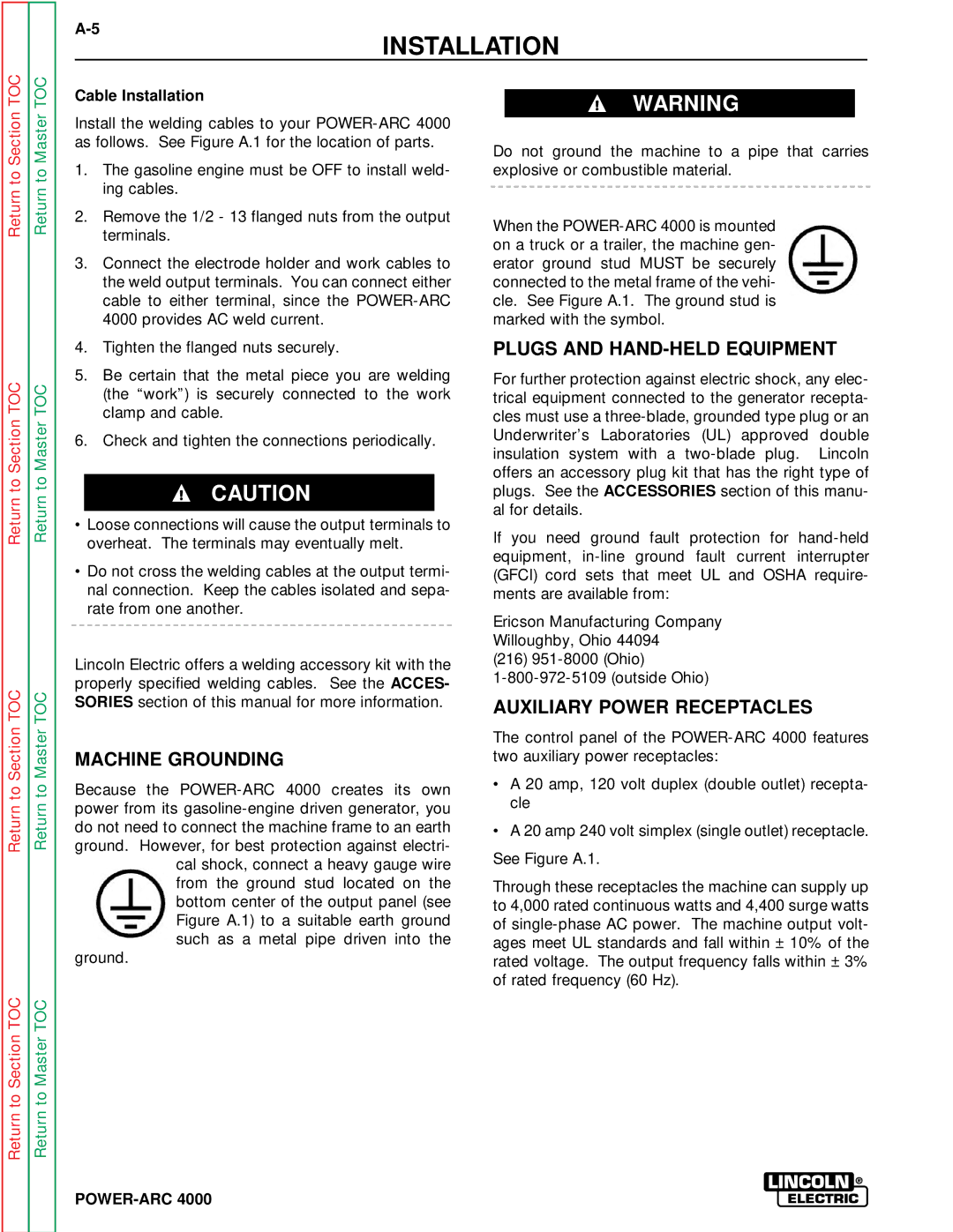 Lincoln Electric SVM103-A service manual Machine Grounding, Plugs and HAND-HELD Equipment, Auxiliary Power Receptacles 