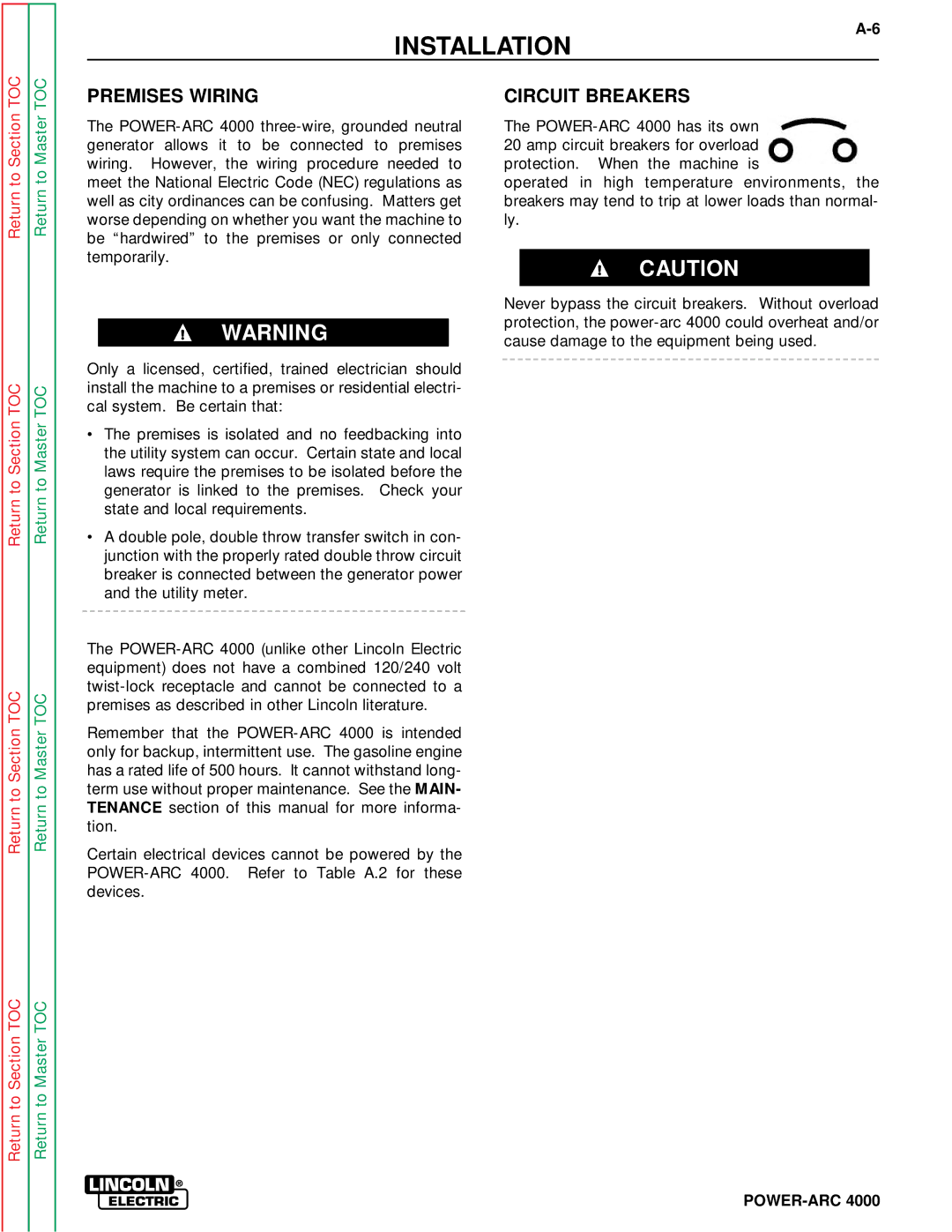 Lincoln Electric SVM103-A service manual Premises Wiring, Circuit Breakers 