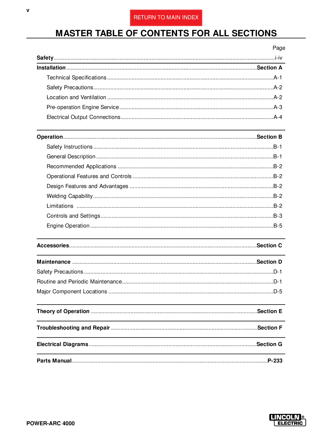 Lincoln Electric SVM103-A service manual Master Table of Contents for ALL Sections 