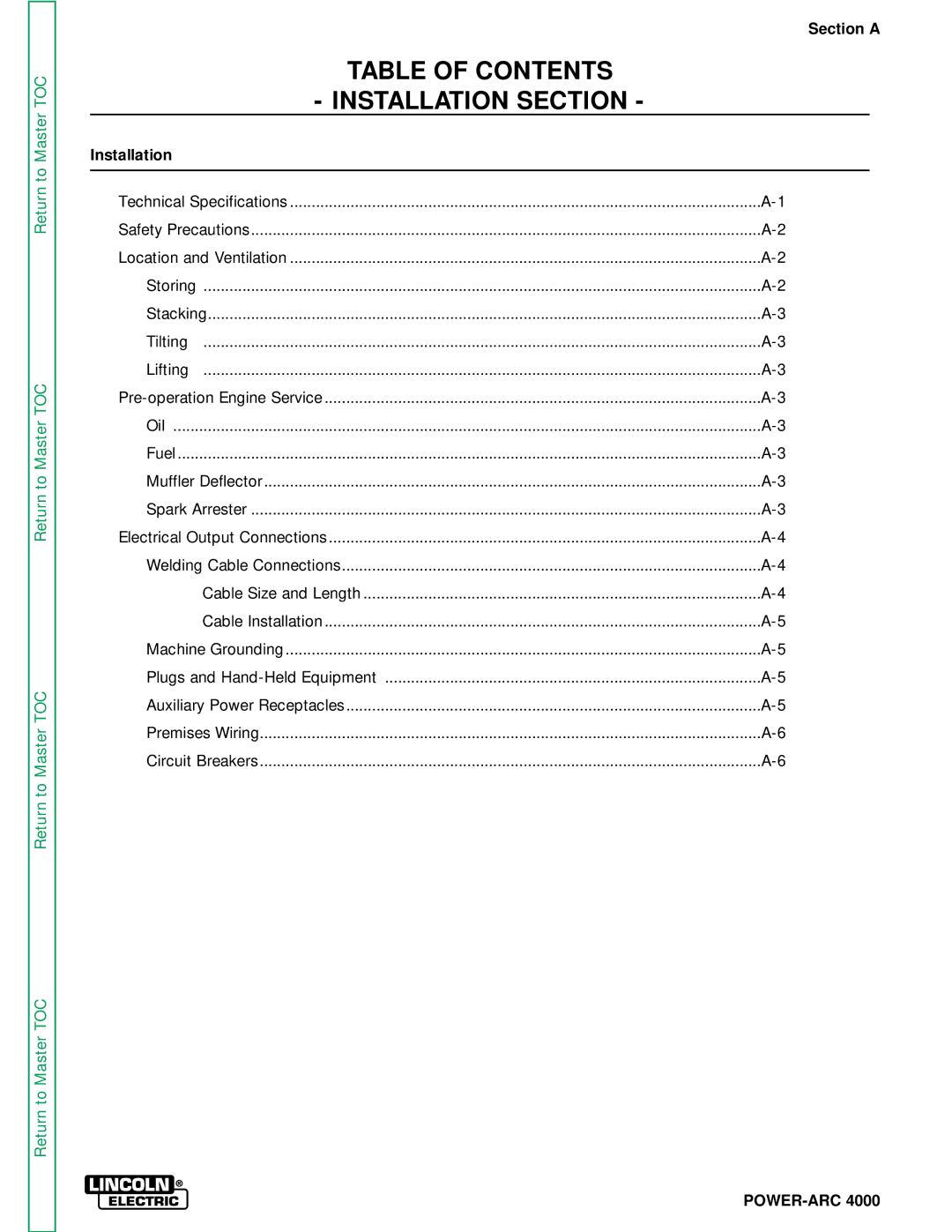 Lincoln Electric SVM103-A service manual Table of Contents Installation Section 