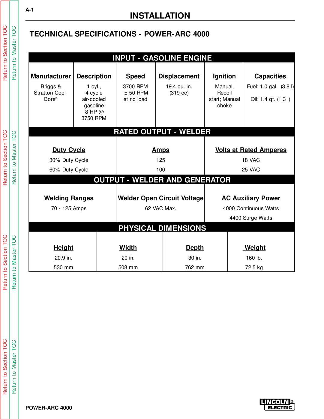 Lincoln Electric SVM103-A service manual Installation, Technical Specifications POWER-ARC 