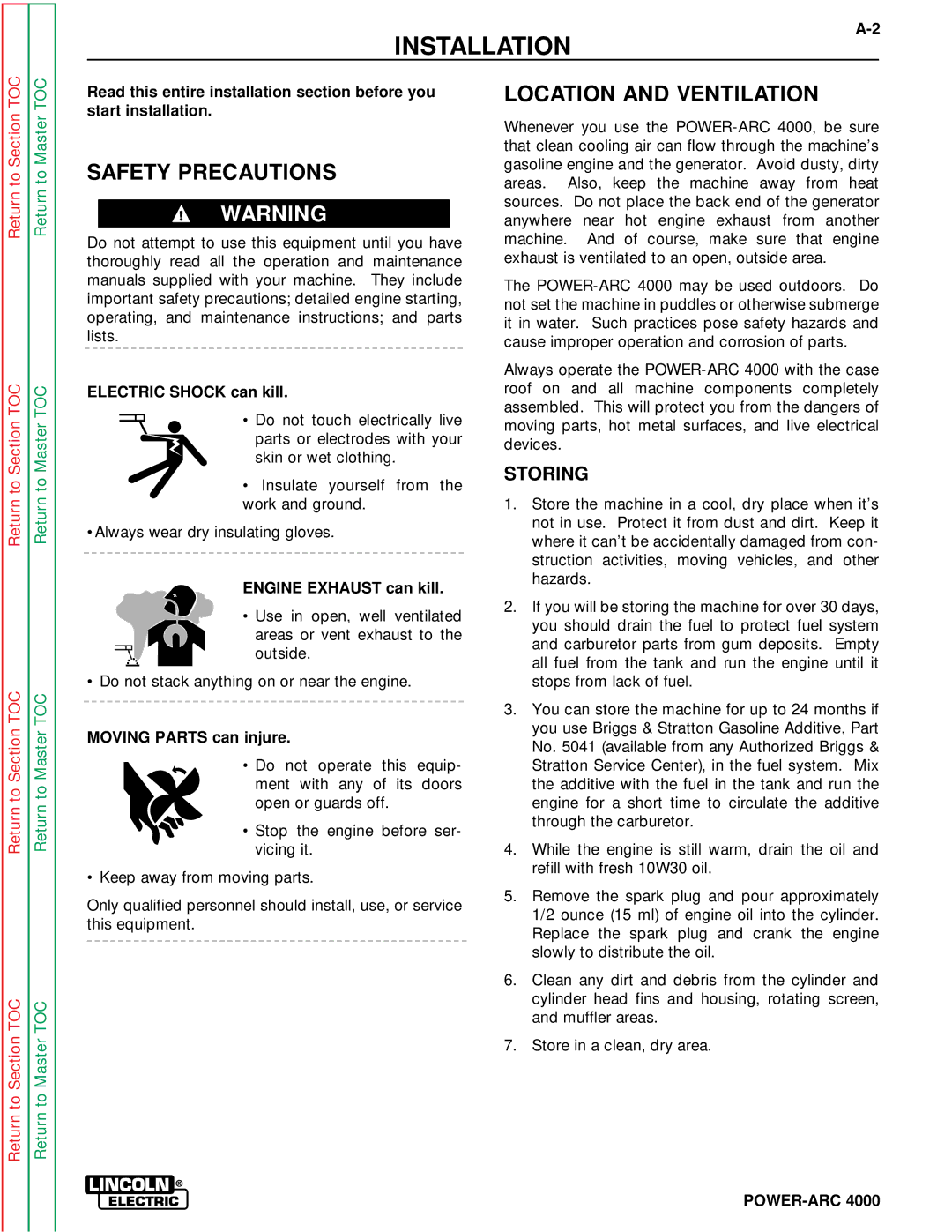 Lincoln Electric SVM103-A service manual Safety Precautions, Location and Ventilation, Storing 