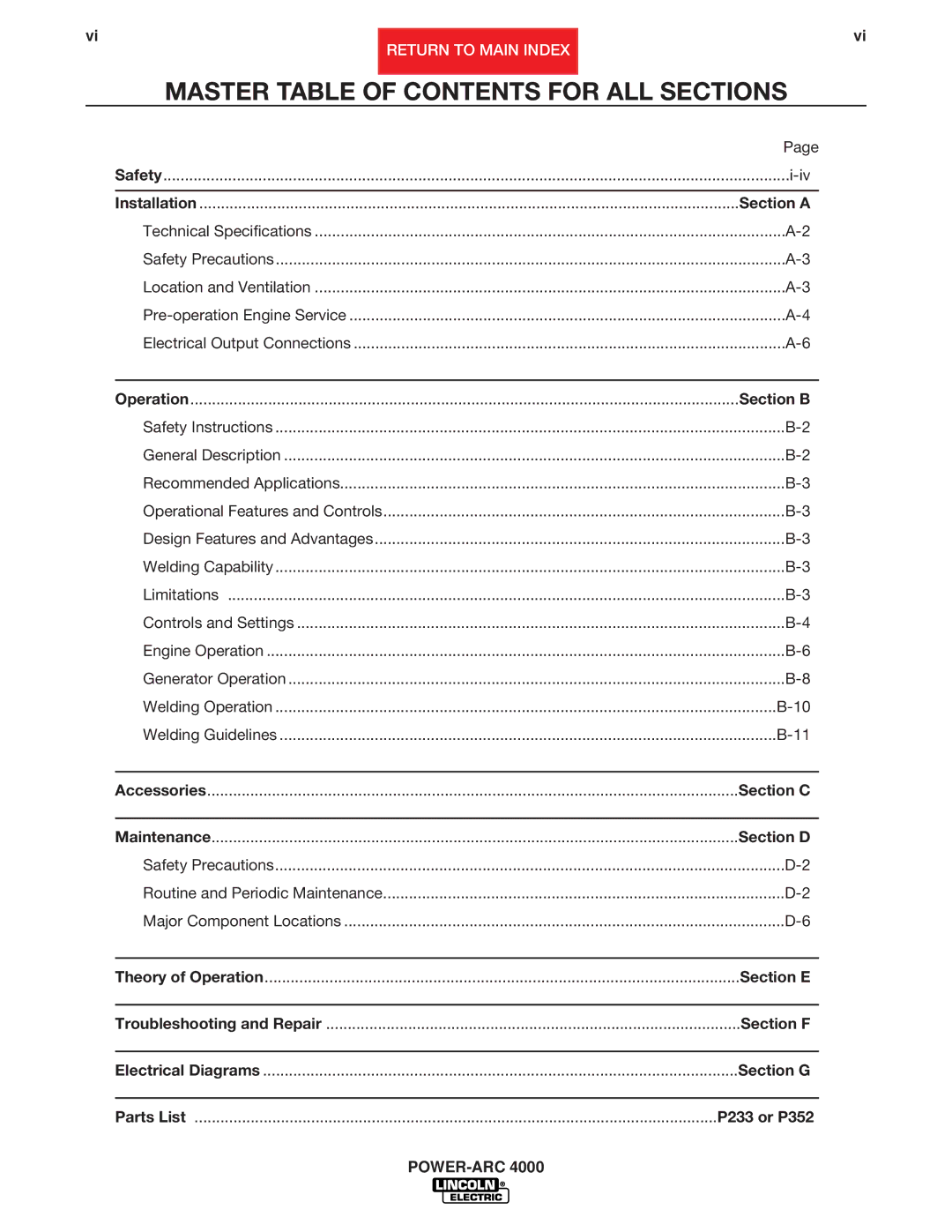 Lincoln Electric SVM103-C service manual Master Table of Contents for ALL Sections 