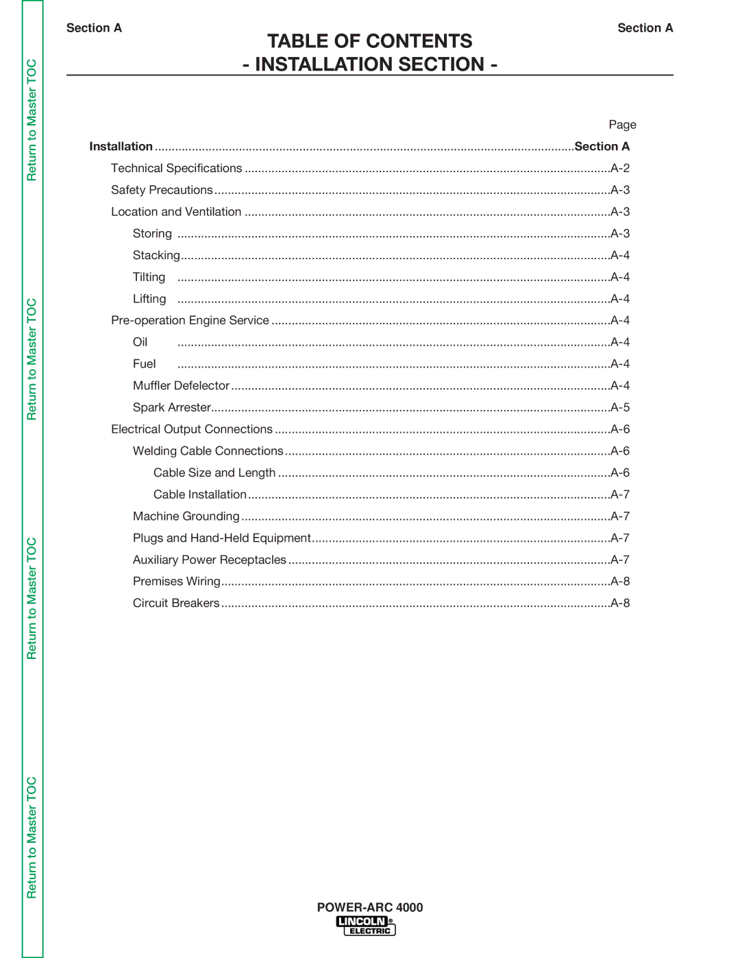 Lincoln Electric SVM103-C service manual Table of Contents Installation Section 