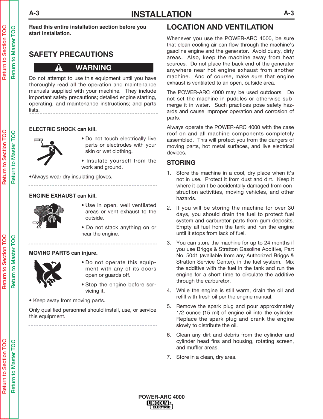 Lincoln Electric SVM103-C service manual Safety Precautions, Location and Ventilation, Storing 