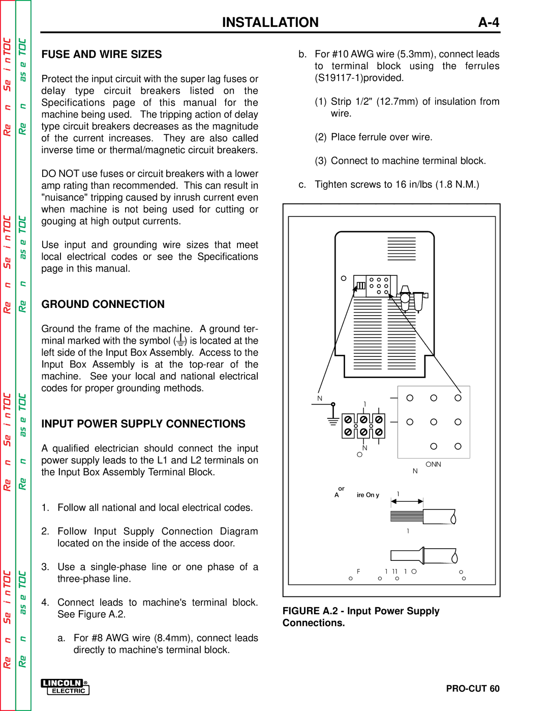 Lincoln Electric SVM104-A service manual Fuse and Wire Sizes, Ground Connection, Input Power Supply Connections 