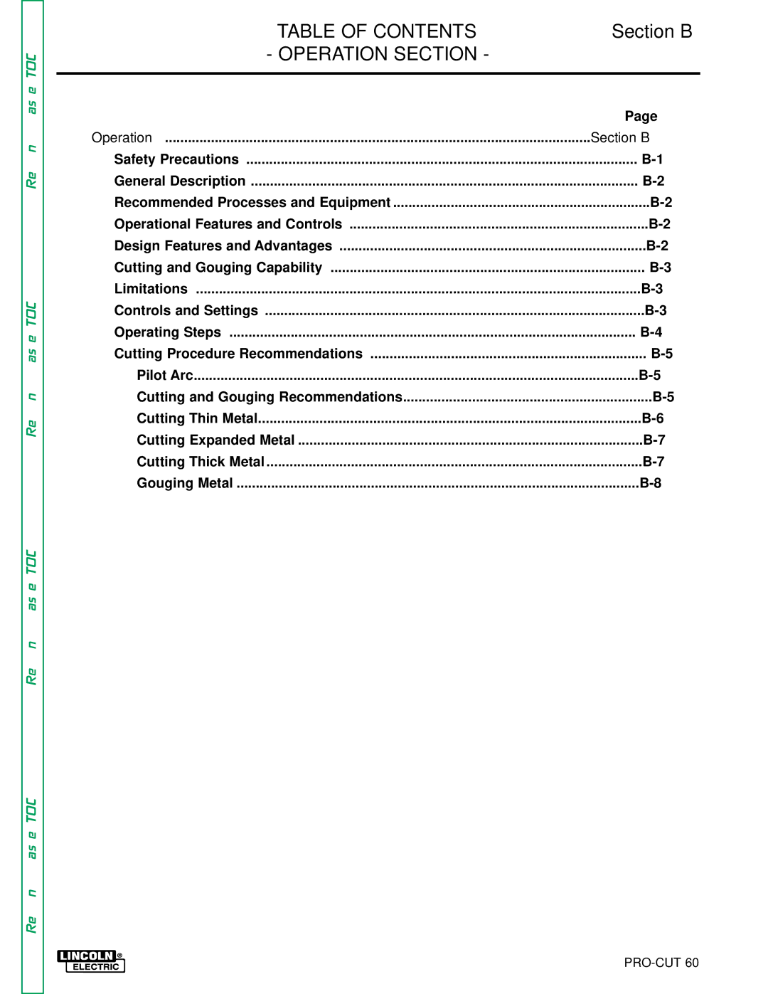 Lincoln Electric SVM104-A service manual Table of Contents, Operation Section 