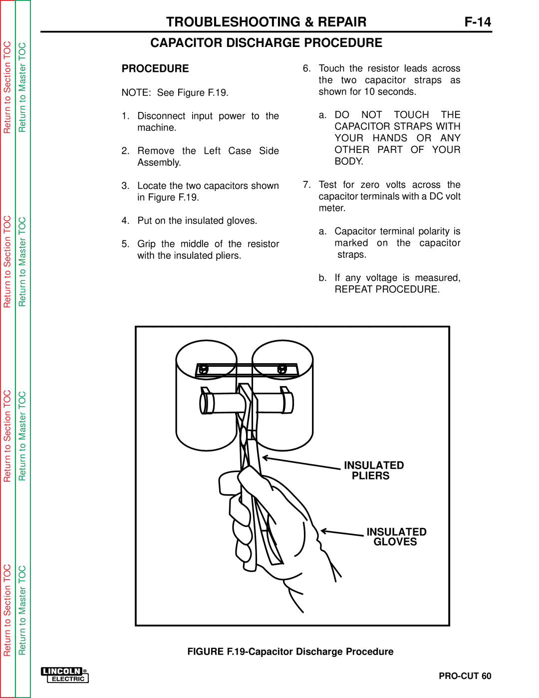 Lincoln Electric SVM104-A service manual Insulated Pliers Gloves, Figure F.19-Capacitor Discharge Procedure 