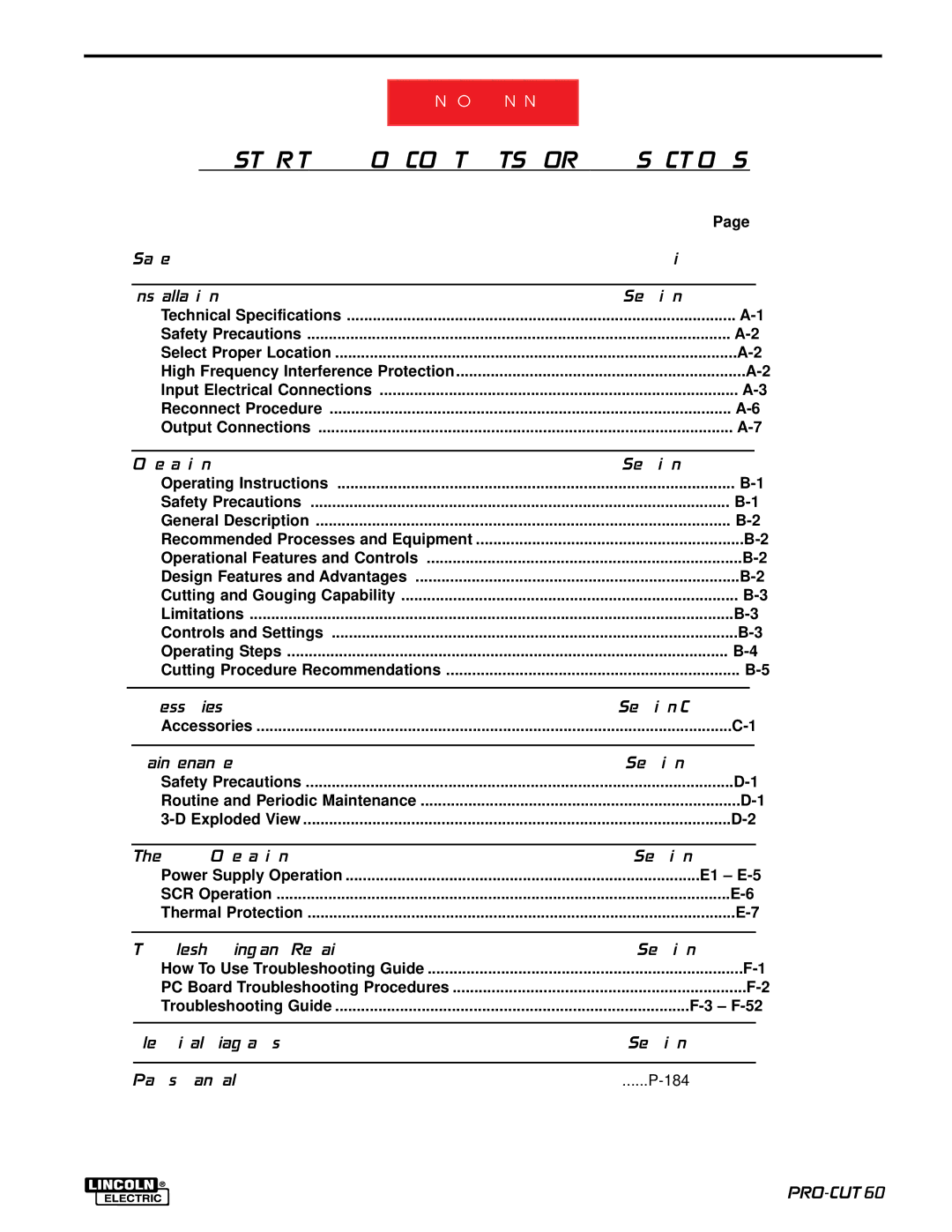 Lincoln Electric SVM104-A service manual Master Table of Contents for ALL Sections 