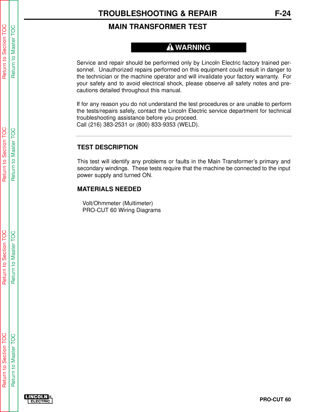 Lincoln Electric SVM104-A service manual Main Transformer Test, Test Description 