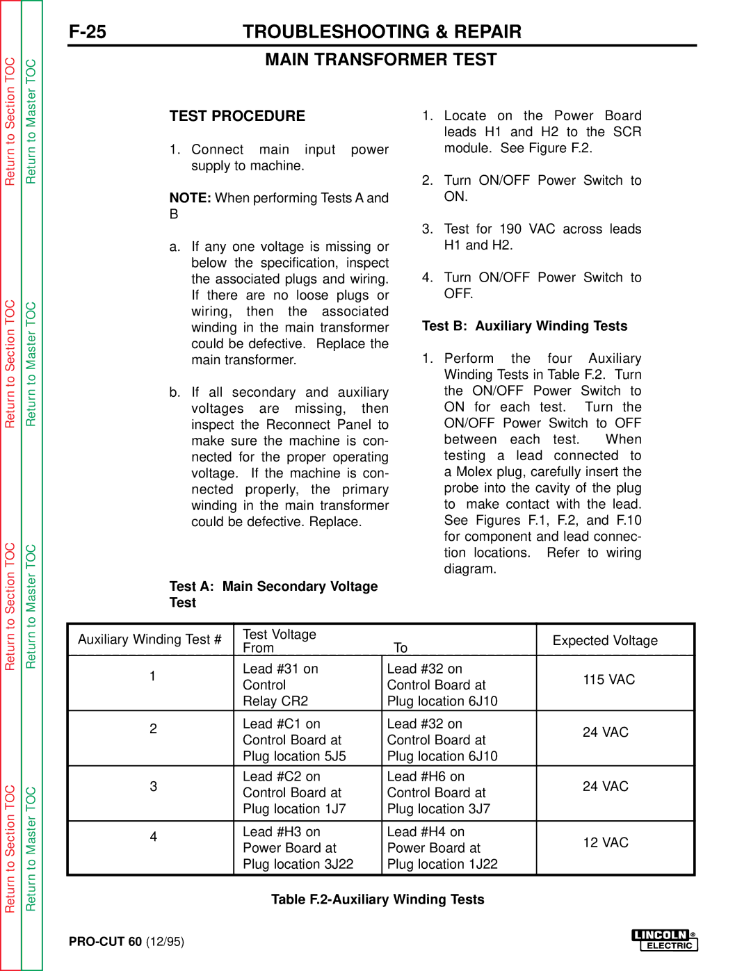 Lincoln Electric SVM104-A service manual Test Procedure, Test a Main Secondary Voltage Test 