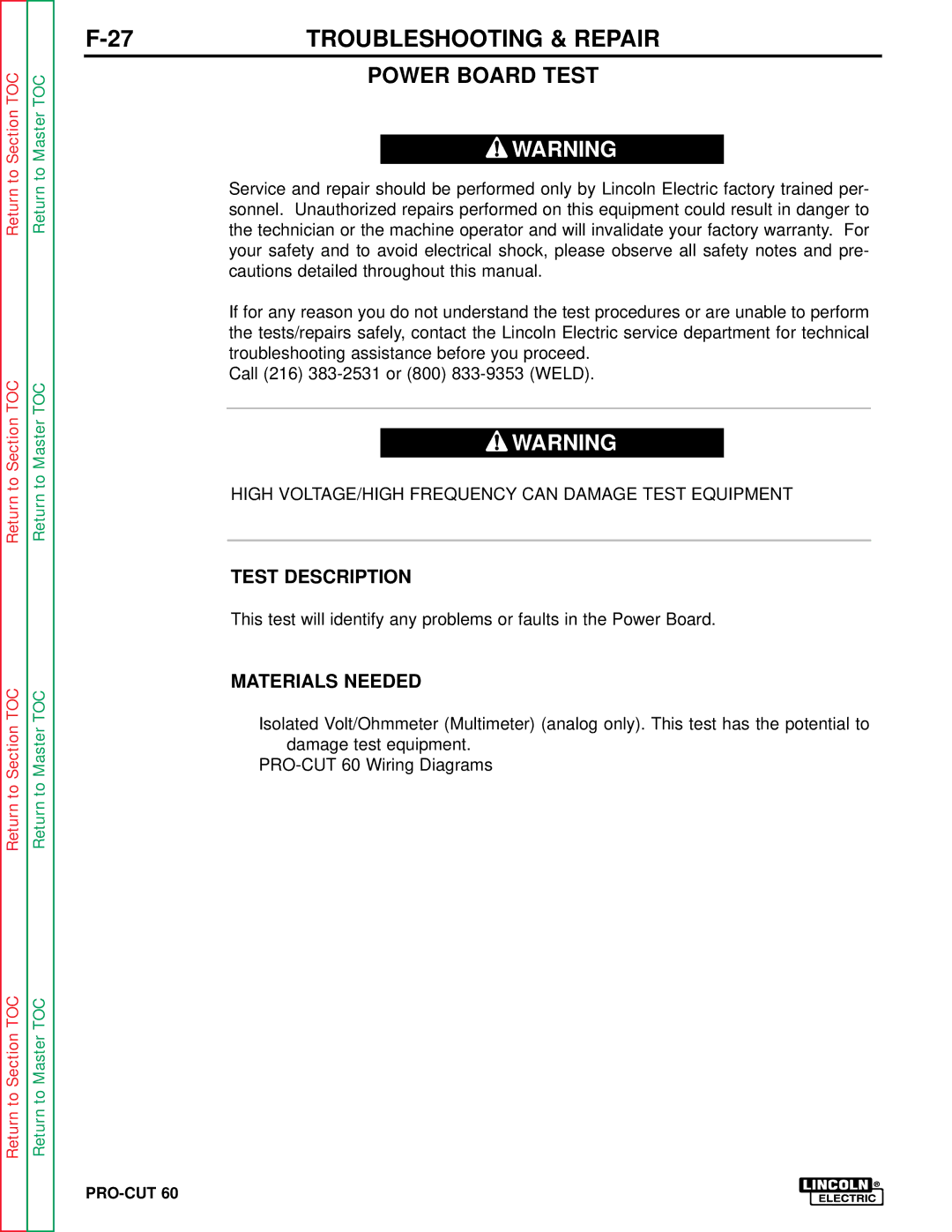 Lincoln Electric SVM104-A service manual Power Board Test, Test Description 