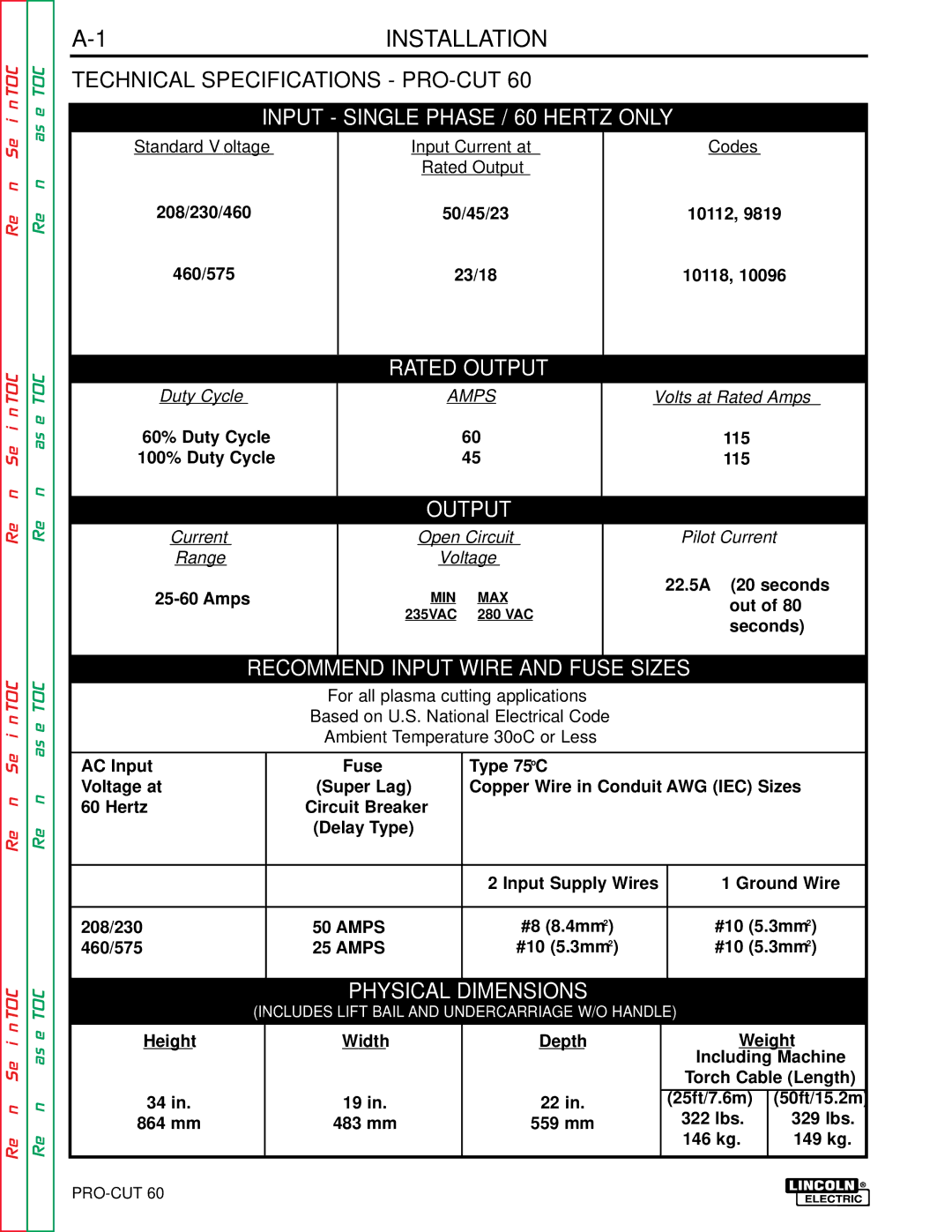 Lincoln Electric SVM104-A service manual Installation, Technical Specifications PRO-CUT 