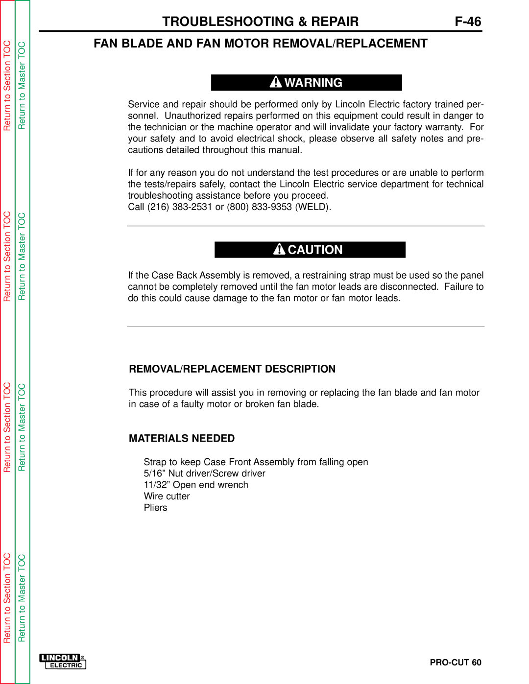 Lincoln Electric SVM104-A service manual FAN Blade and FAN Motor REMOVAL/REPLACEMENT, REMOVAL/REPLACEMENT Description 