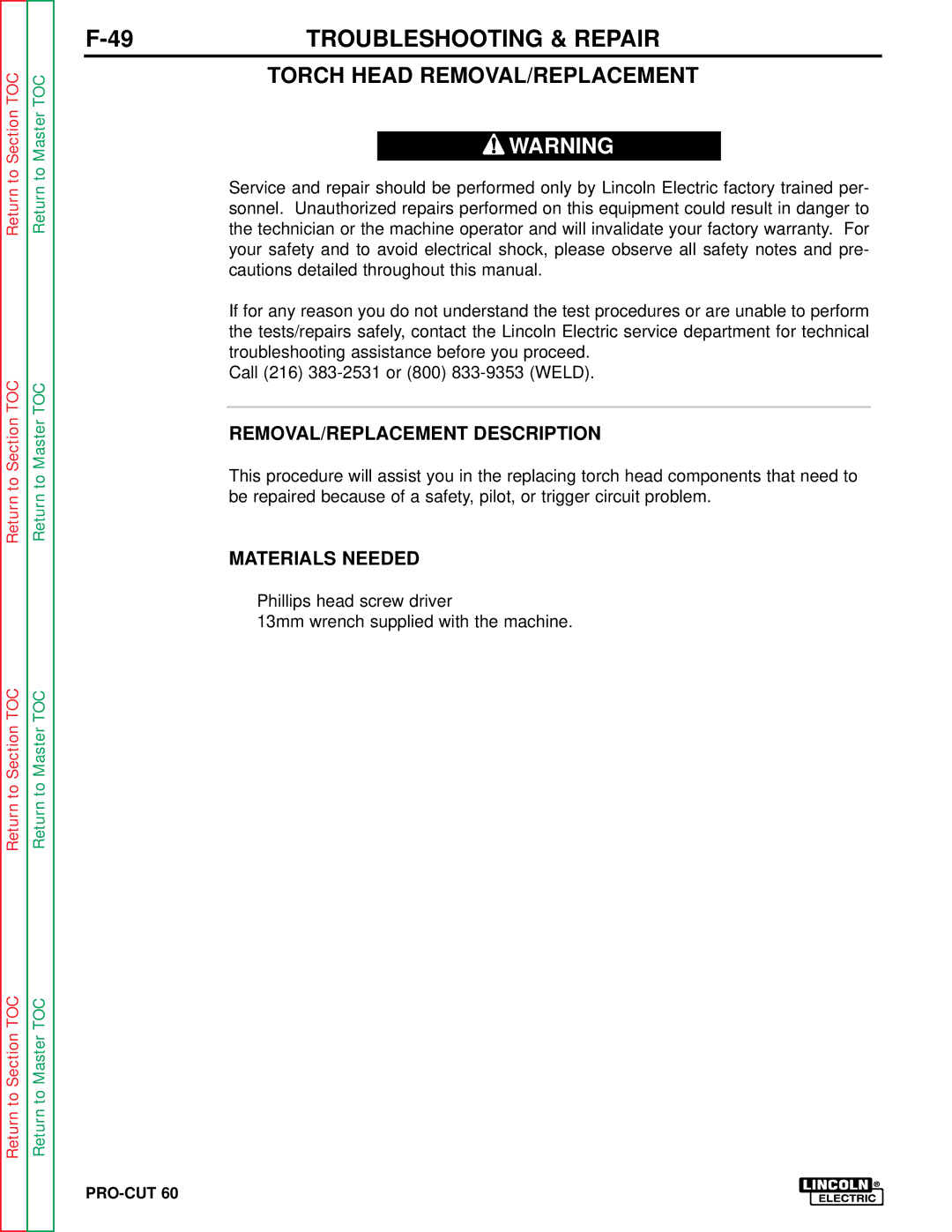 Lincoln Electric SVM104-A service manual Torch Head REMOVAL/REPLACEMENT, REMOVAL/REPLACEMENT Description 