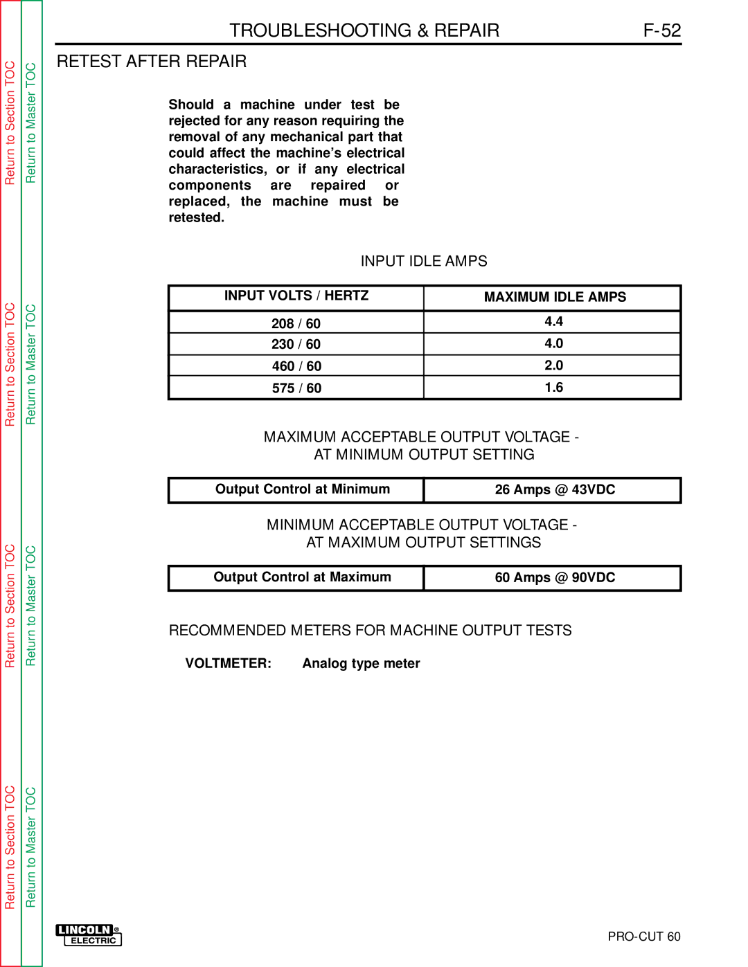 Lincoln Electric SVM104-A service manual Retest After Repair, Input Idle Amps, Recommended Meters for Machine Output Tests 