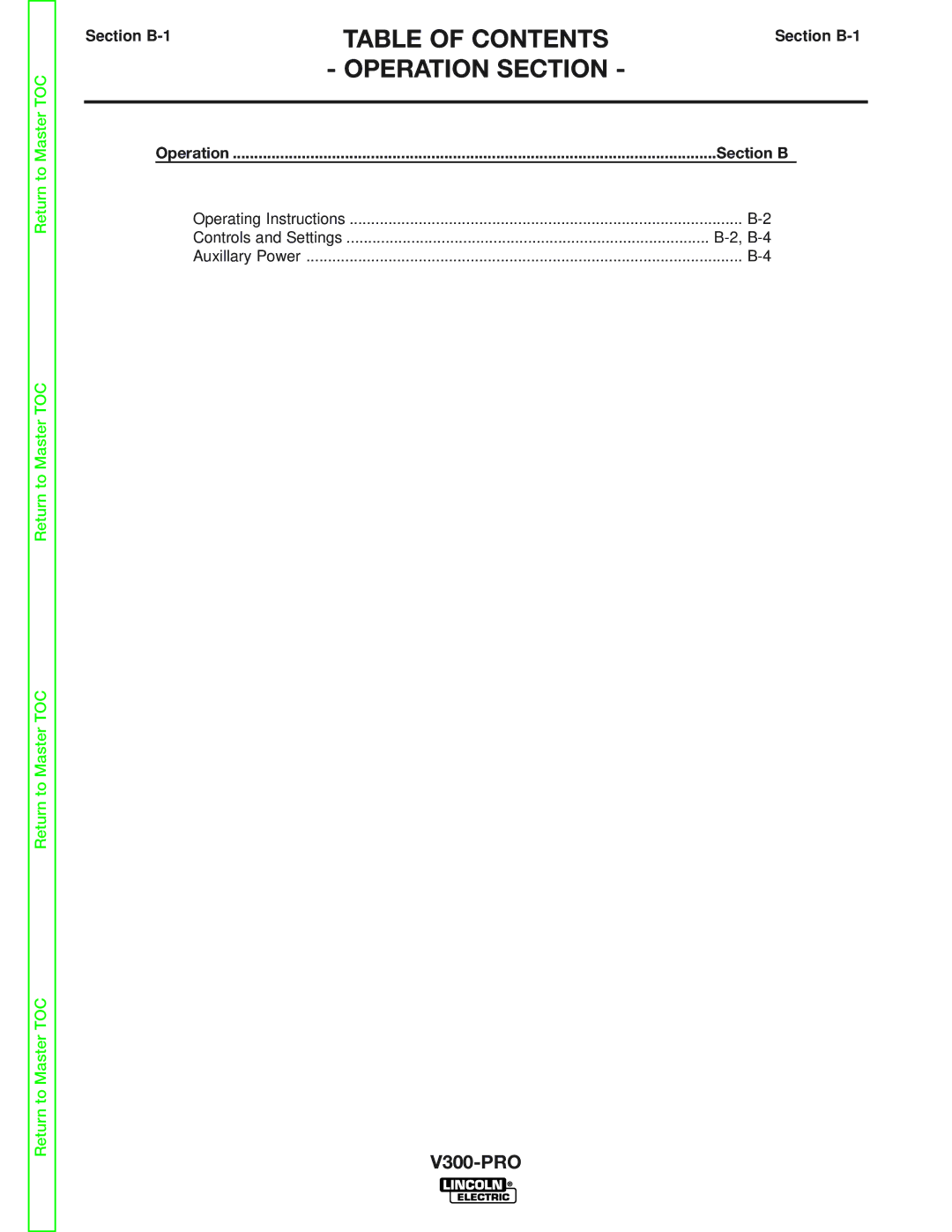 Lincoln Electric SVM105-B service manual Operation Section, Section B-1 