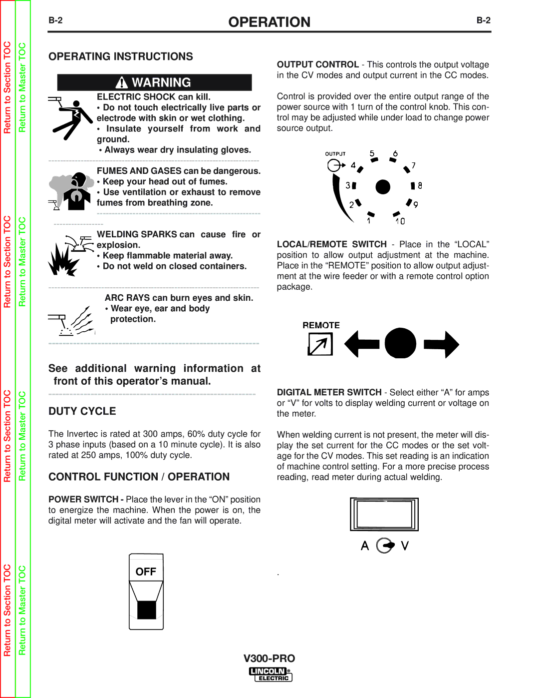 Lincoln Electric SVM105-B service manual Operating Instructions, Duty Cycle, Control Function / Operation, Off 