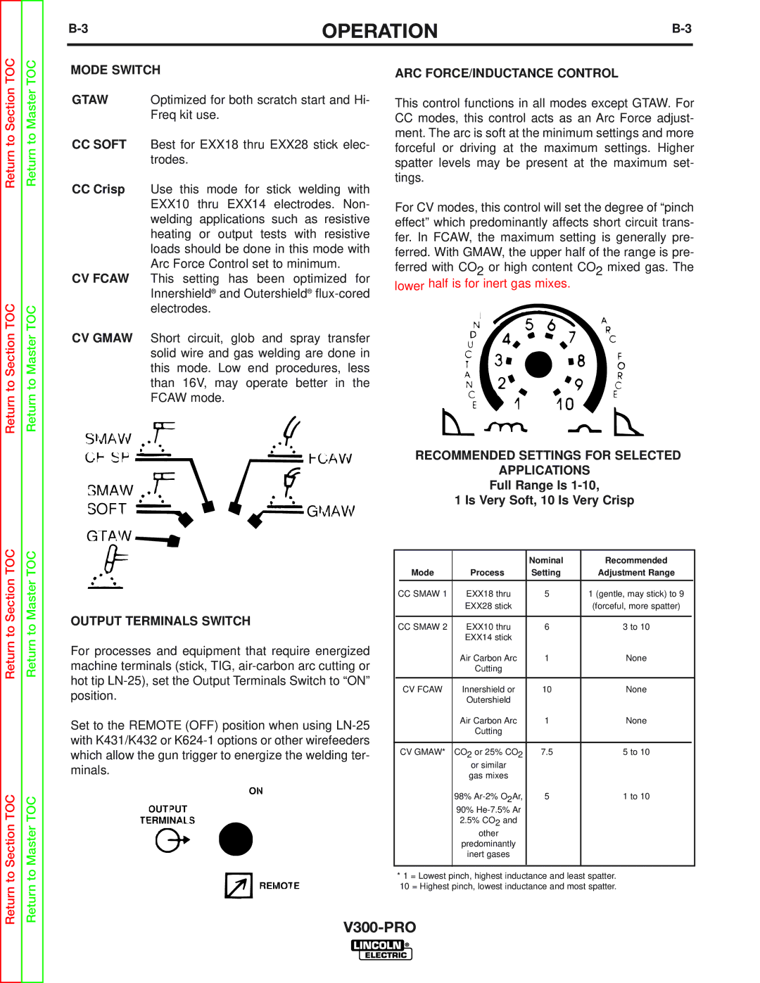 Lincoln Electric SVM105-B service manual Mode Switch, Full Range Is Is Very Soft, 10 Is Very Crisp 