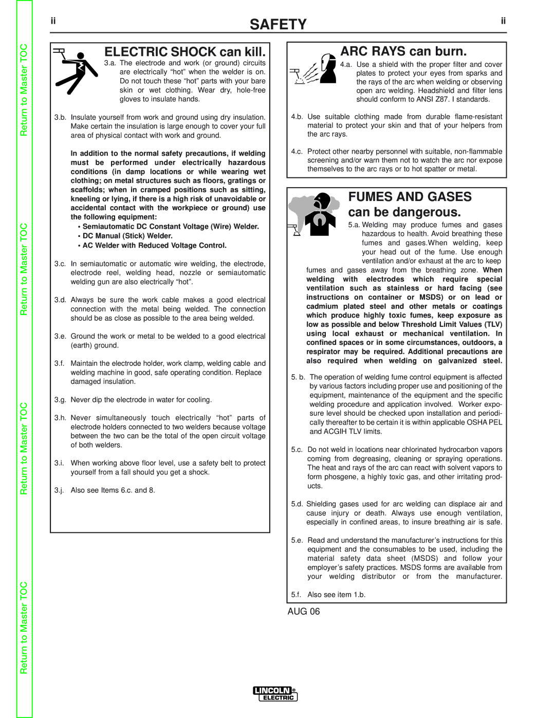 Lincoln Electric SVM105-B service manual Electric Shock can kill, ARC Rays can burn, Fumes and Gases can be dangerous 