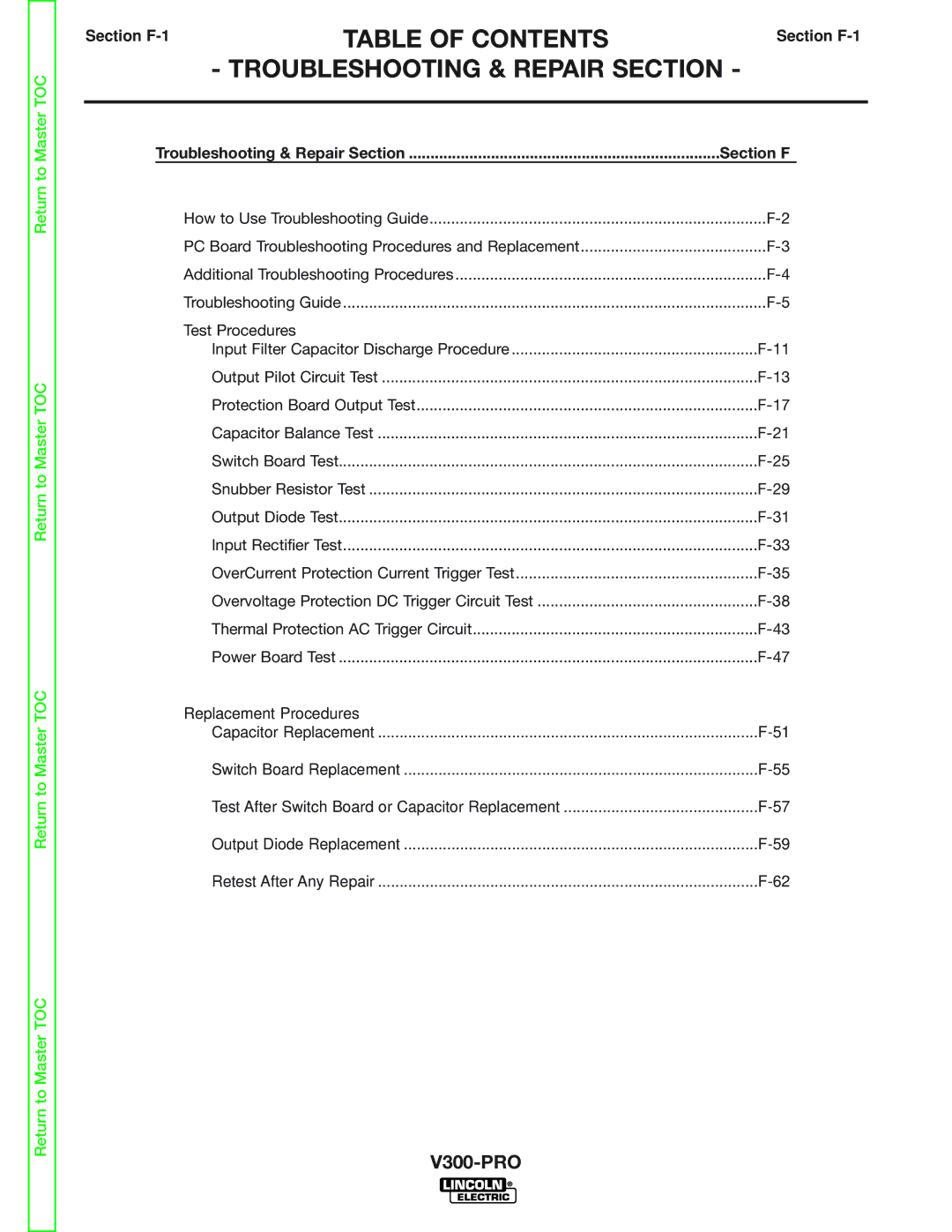 Lincoln Electric SVM105-B service manual Troubleshooting & Repair Section, Section F-1 