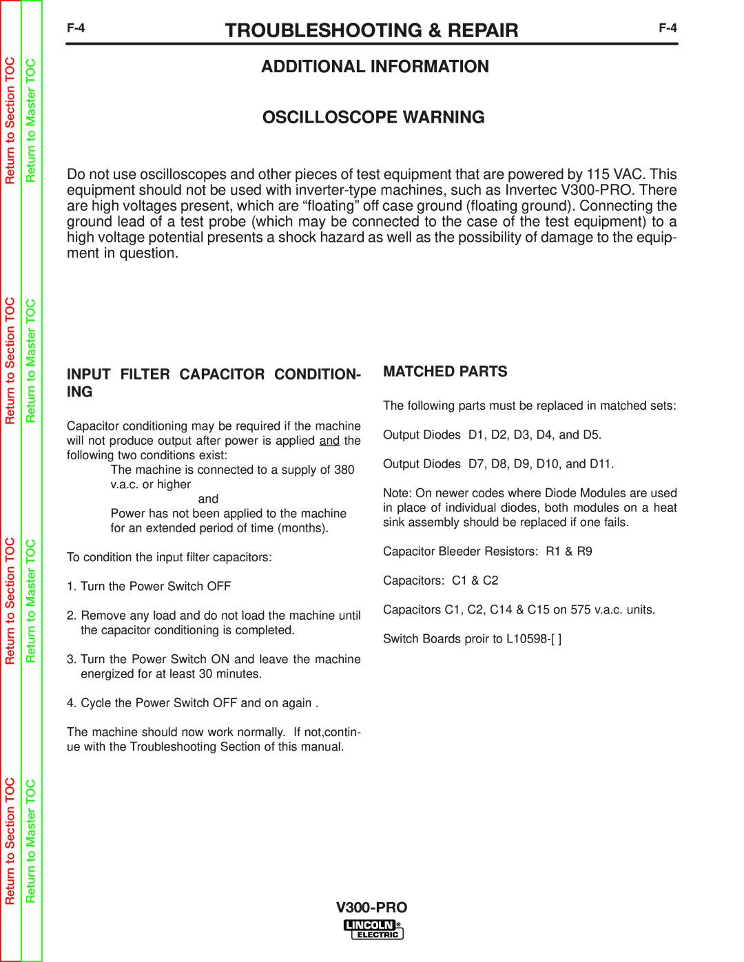 Lincoln Electric SVM105-B service manual Additional Information Oscilloscope Warning, Input Filter Capacitor CONDITION- ING 