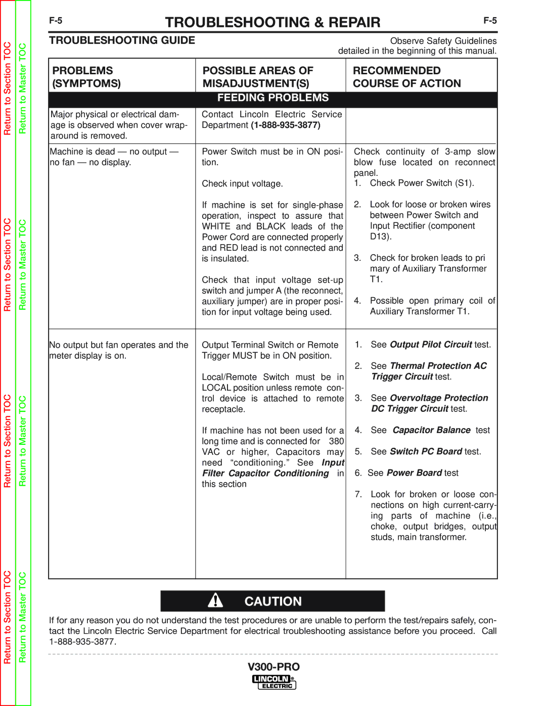 Lincoln Electric SVM105-B service manual Feeding Problems, Department 