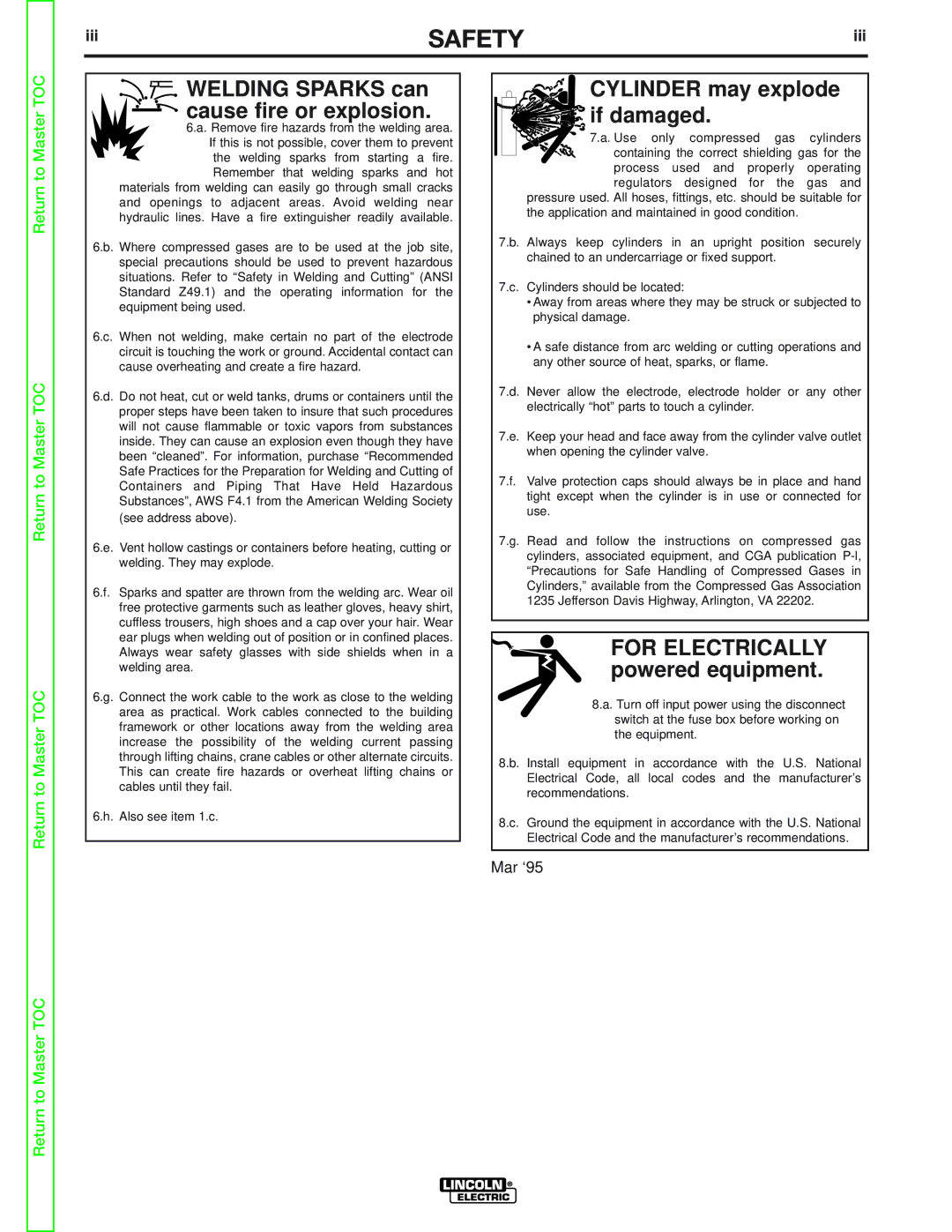 Lincoln Electric SVM105-B Safety, Welding Sparks can cause fire or explosion, Cylinder may explode if damaged, Iii 