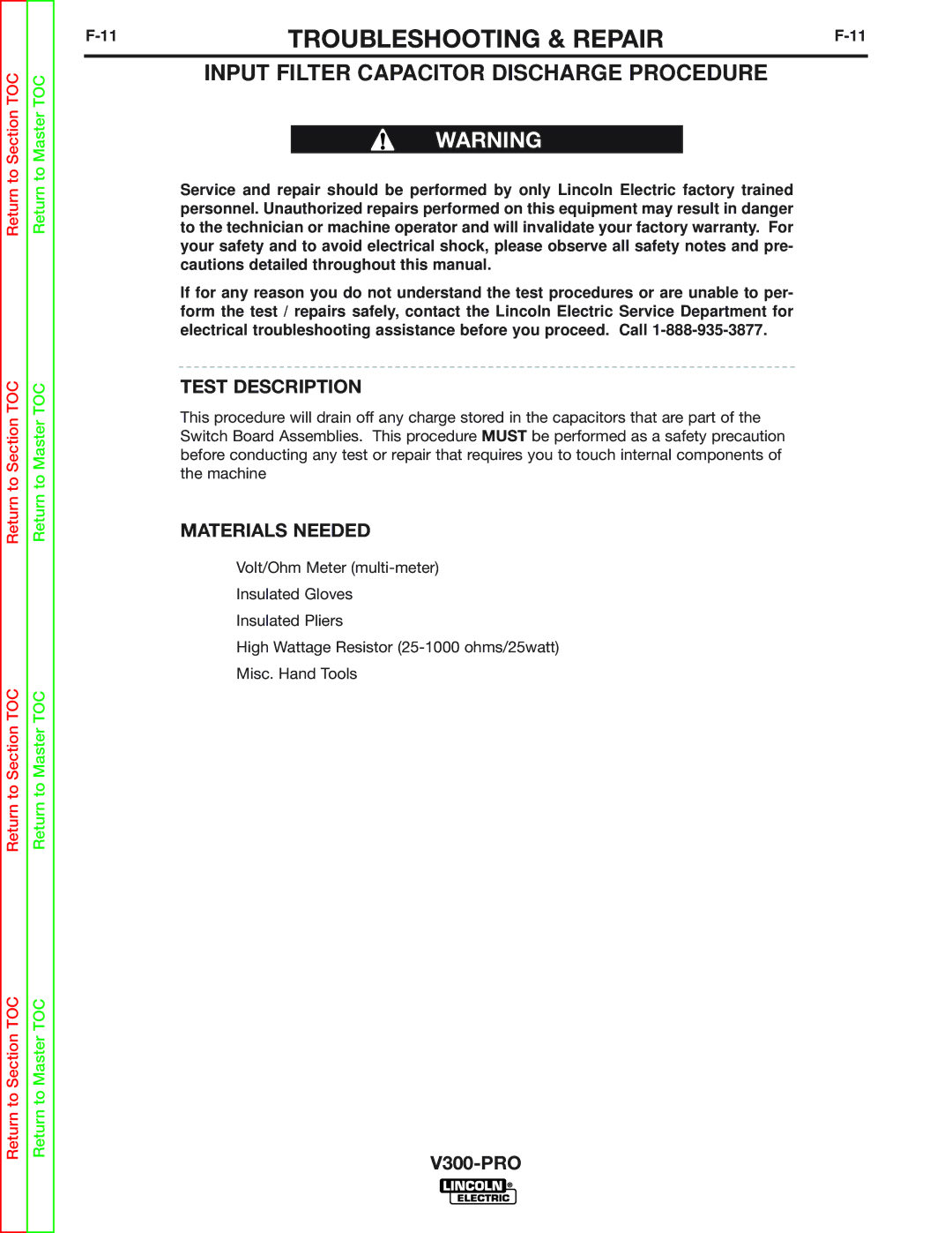 Lincoln Electric SVM105-B service manual Input Filter Capacitor Discharge Procedure, Test Description 