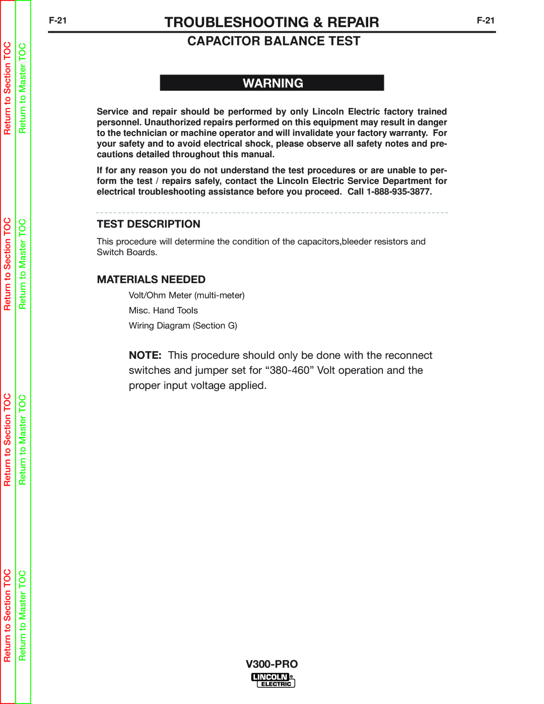 Lincoln Electric SVM105-B service manual Capacitor Balance Test 