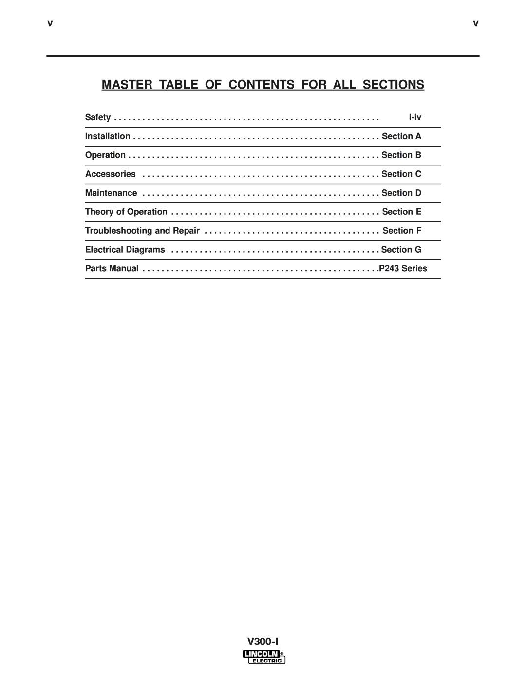 Lincoln Electric SVM105-B service manual Master Table of Contents for ALL Sections 