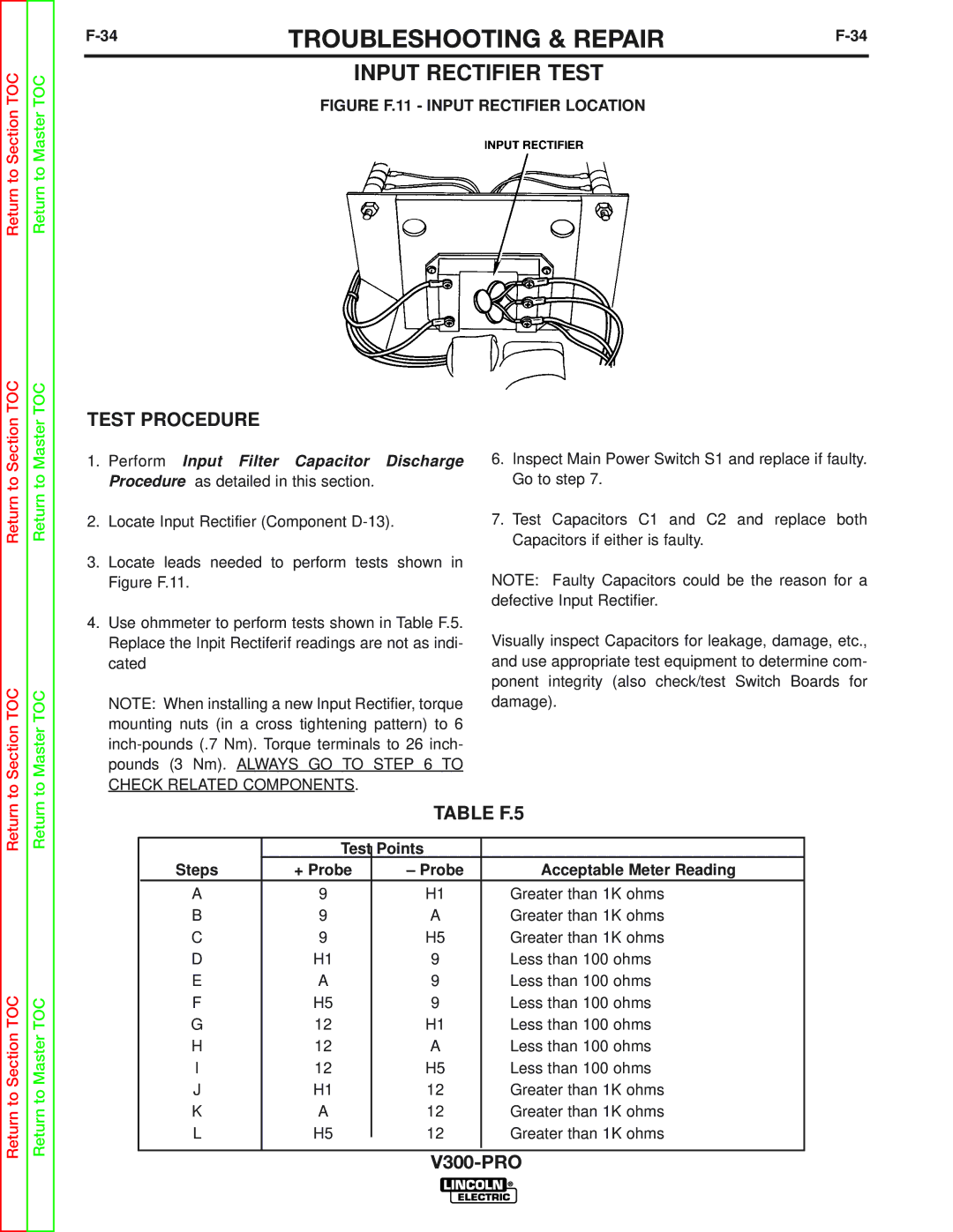 Lincoln Electric SVM105-B service manual Table F.5, Points Steps, Probe Acceptable Meter Reading 