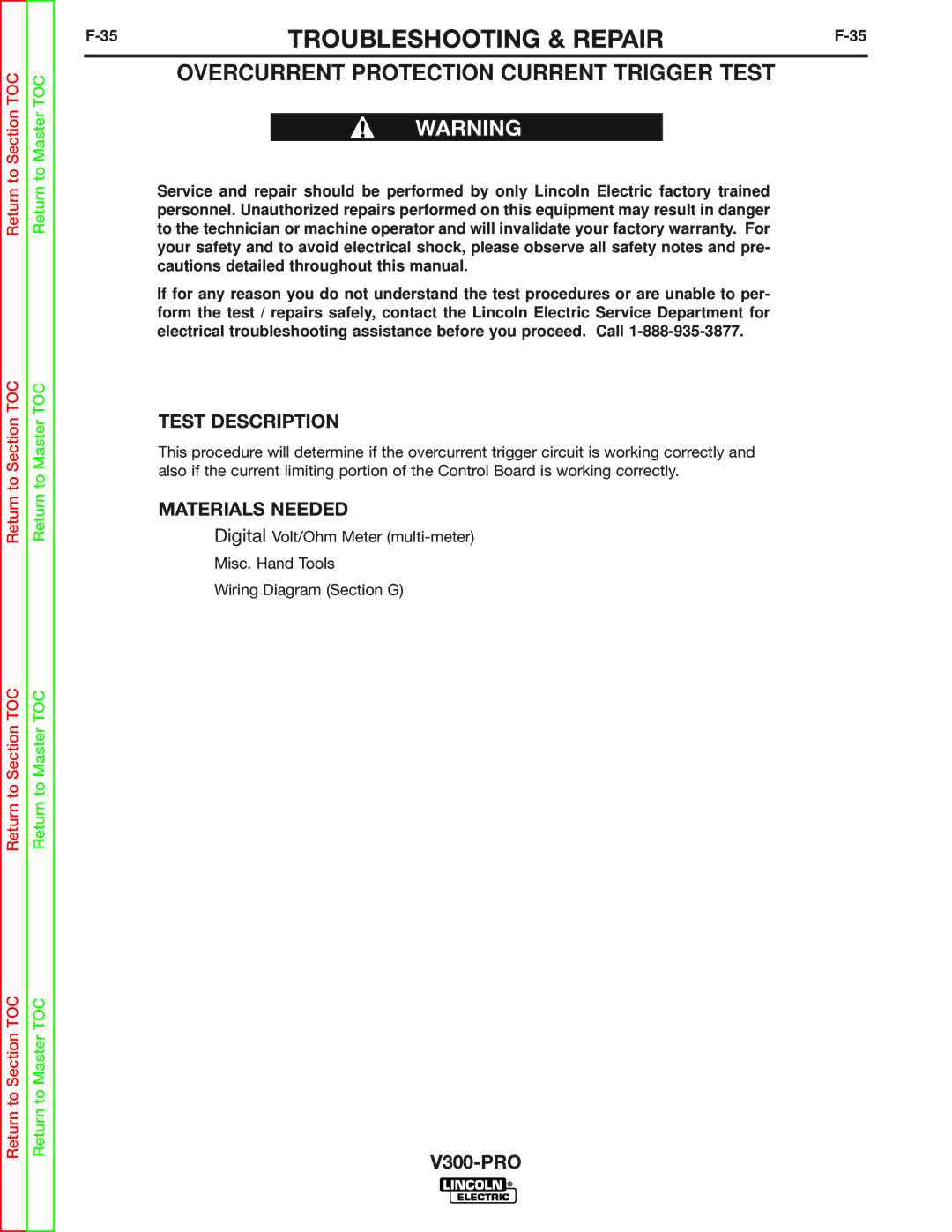 Lincoln Electric SVM105-B service manual Overcurrent Protection Current Trigger Test 