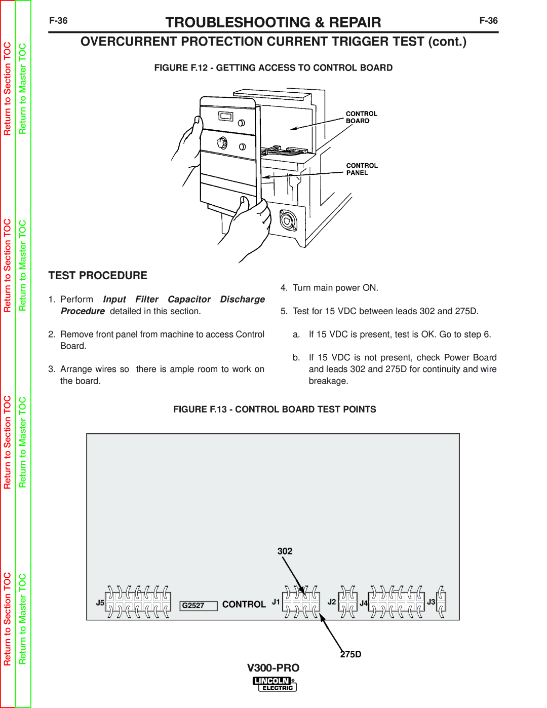 Lincoln Electric SVM105-B service manual Overcurrent Protection Current Trigger Test, 302, 275D 