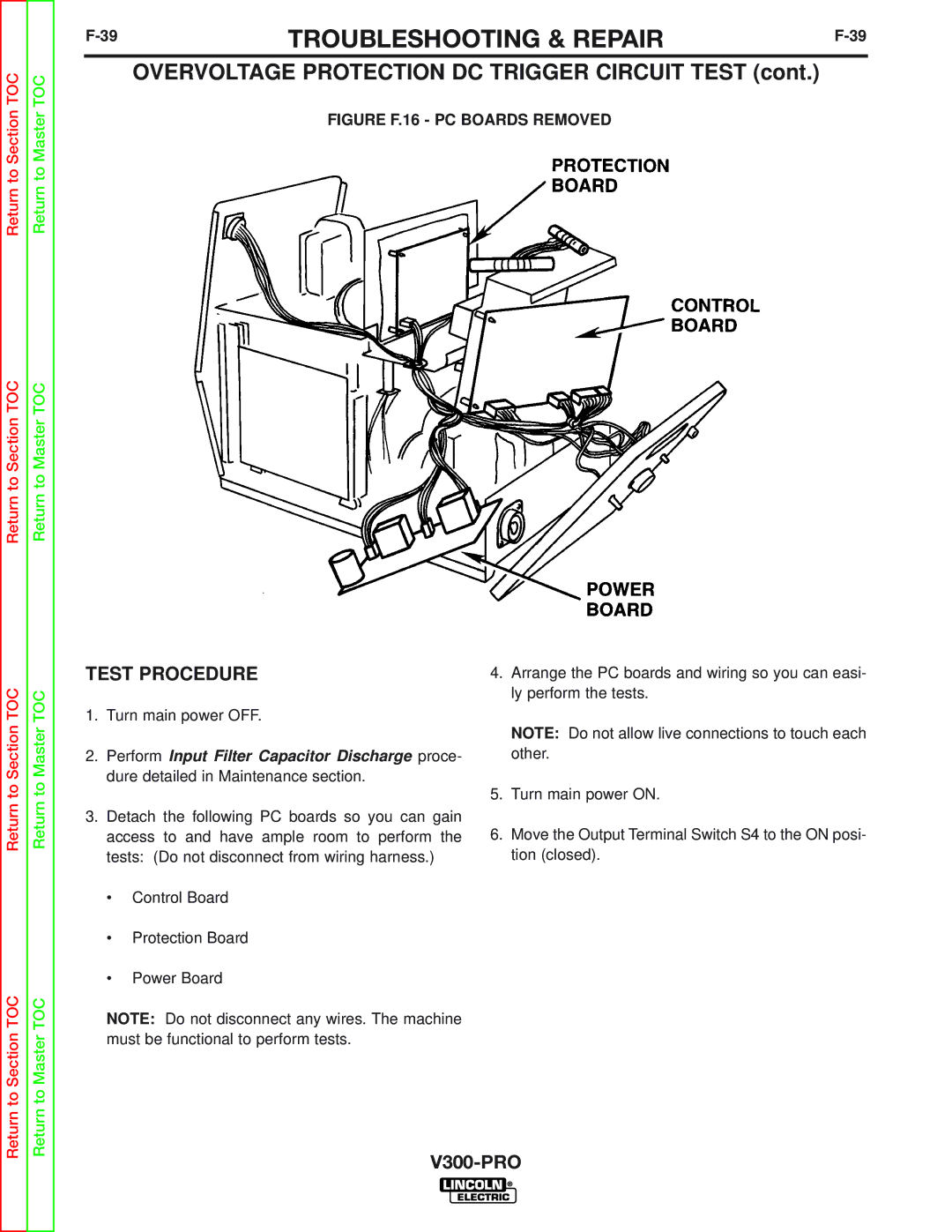 Lincoln Electric SVM105-B service manual Overvoltage Protection DC Trigger Circuit Test, Figure F.16 PC Boards Removed 