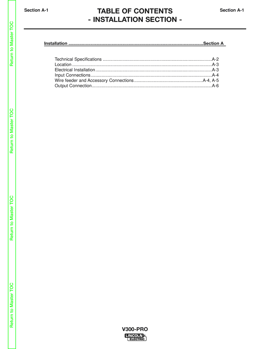 Lincoln Electric SVM105-B service manual Table of Contents, Installation Section, Section A-1 