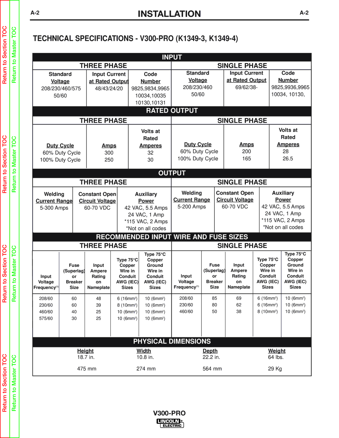 Lincoln Electric SVM105-B service manual Installation, Three Phase Single Phase 