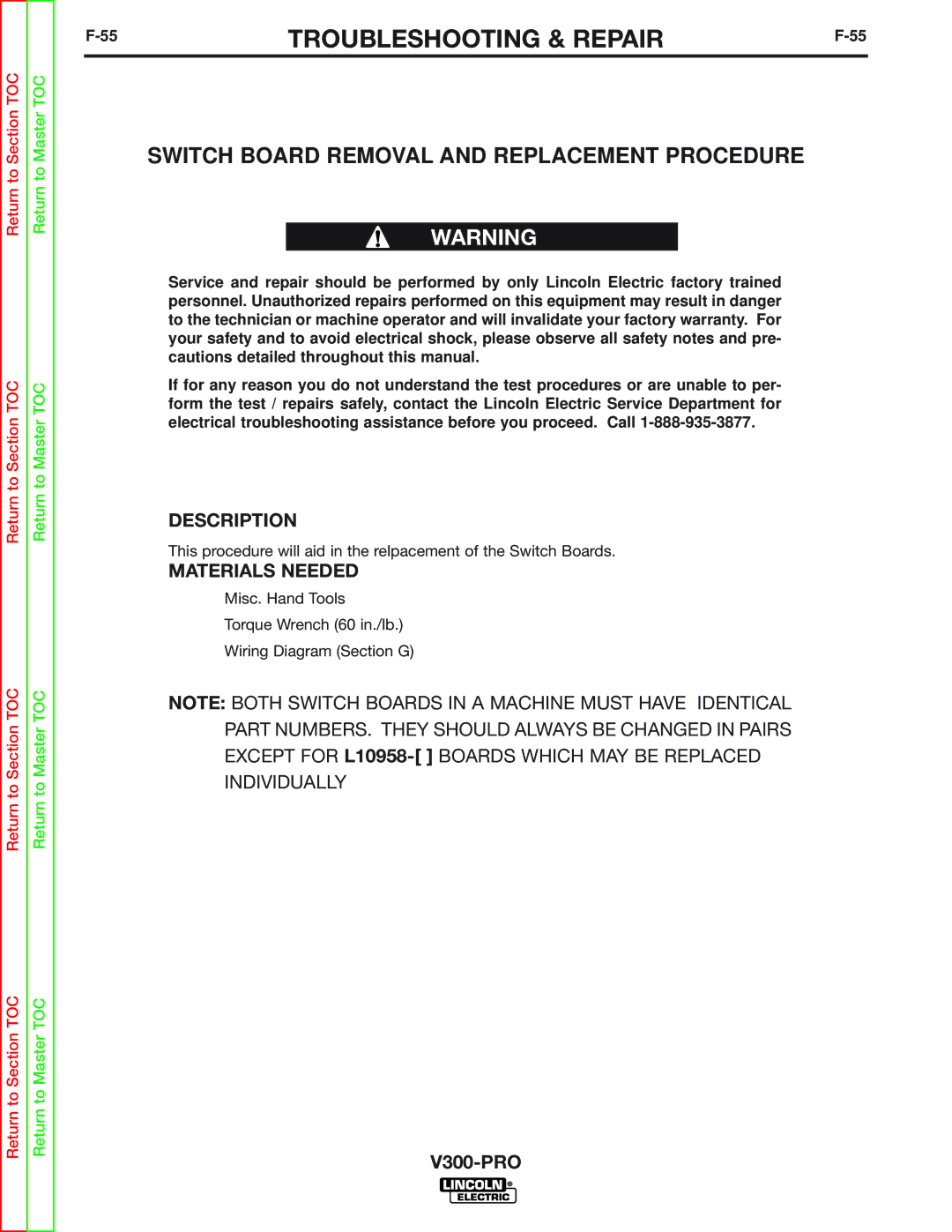 Lincoln Electric SVM105-B service manual Switch Board Removal and Replacement Procedure 