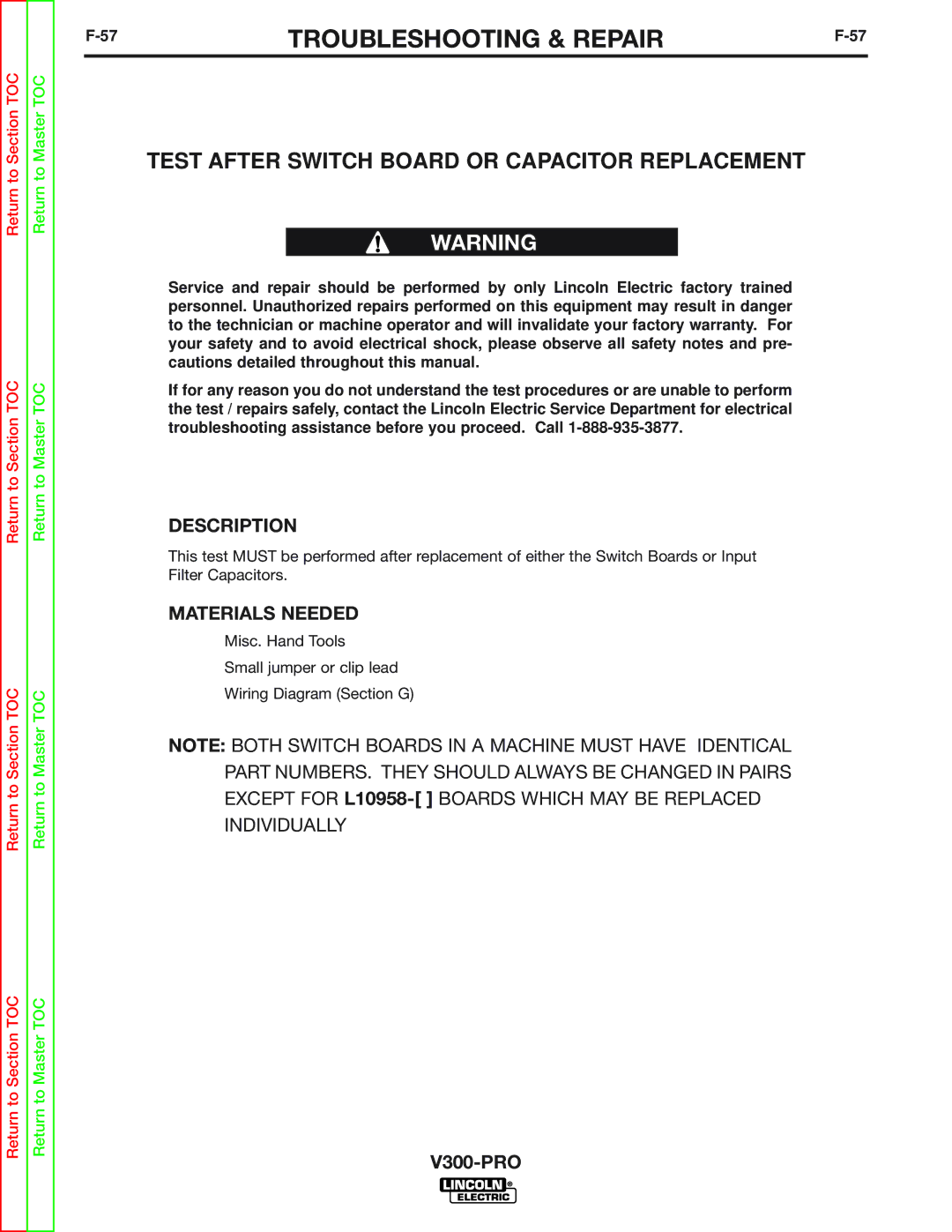 Lincoln Electric SVM105-B service manual Test After Switch Board or Capacitor Replacement 